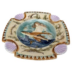 19th Century Square Majolica Mermaid Wall Plate