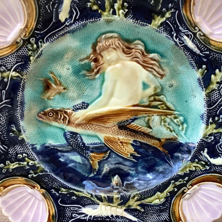 Aesthetic Movement 19th Century Square Majolica Mermaid Wall Plate For Sale