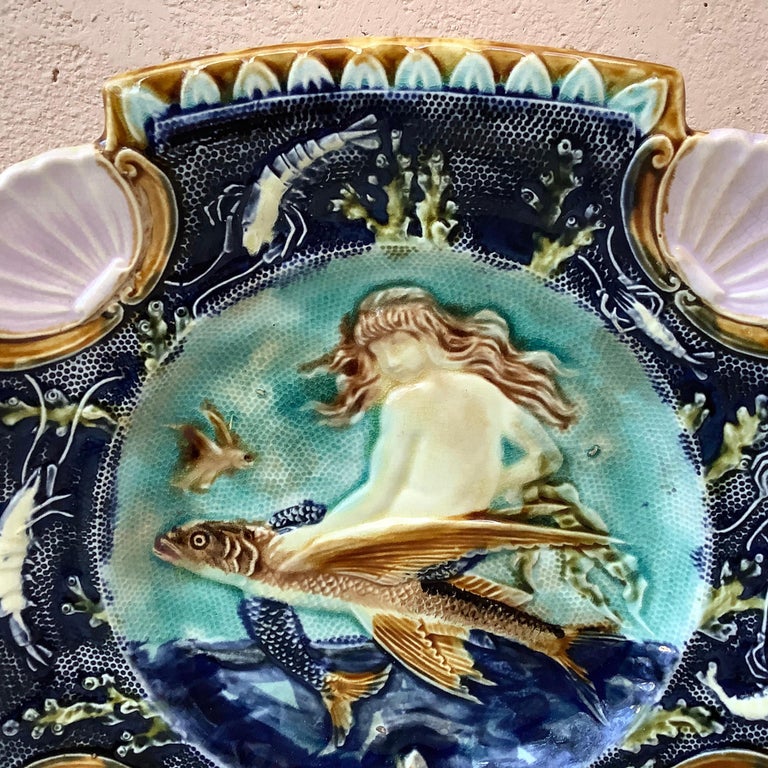 Belgian 19th Century Square Majolica Mermaid Wall Plate For Sale