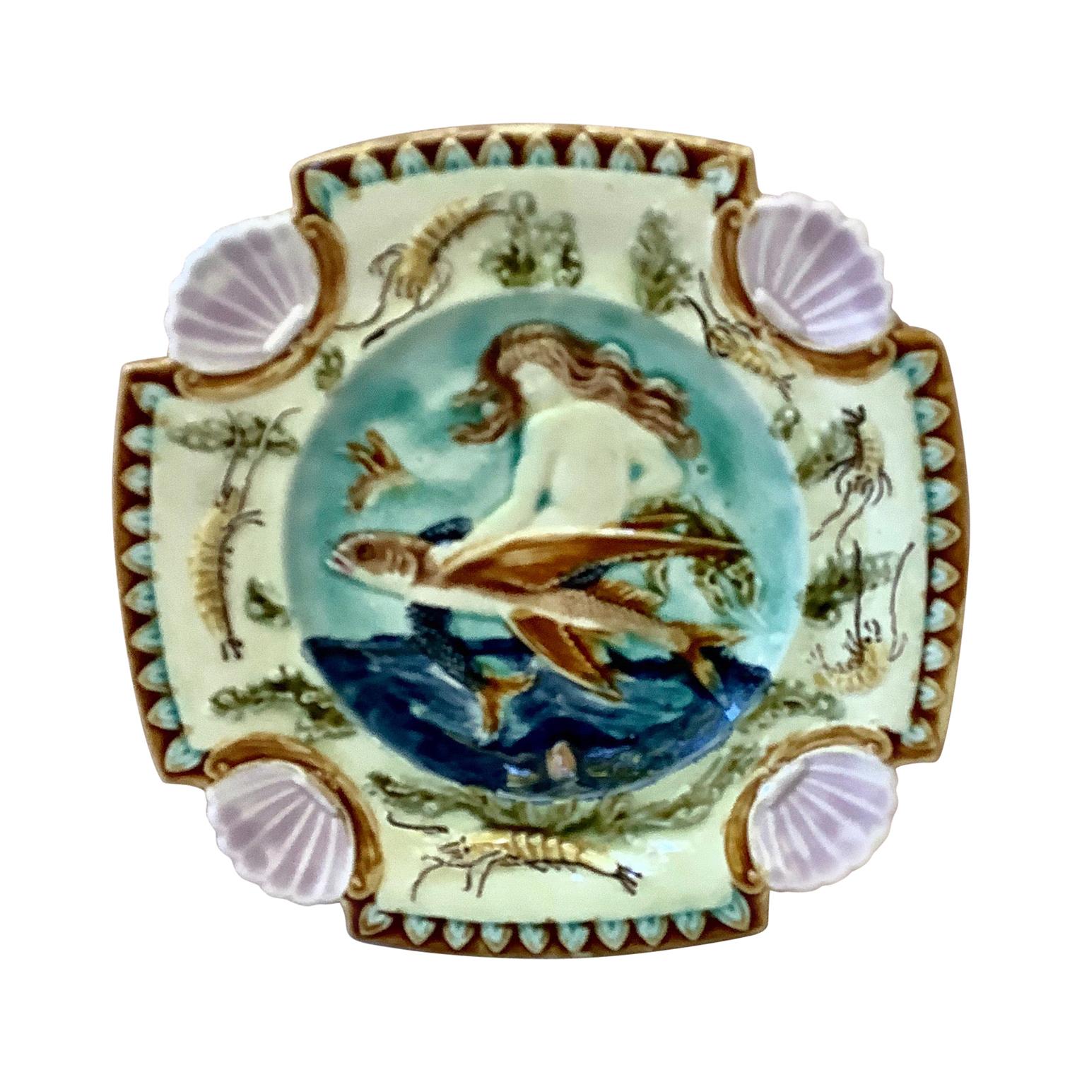 19th Century Square Majolica Mermaid Wall Plate In Fair Condition In Austin, TX