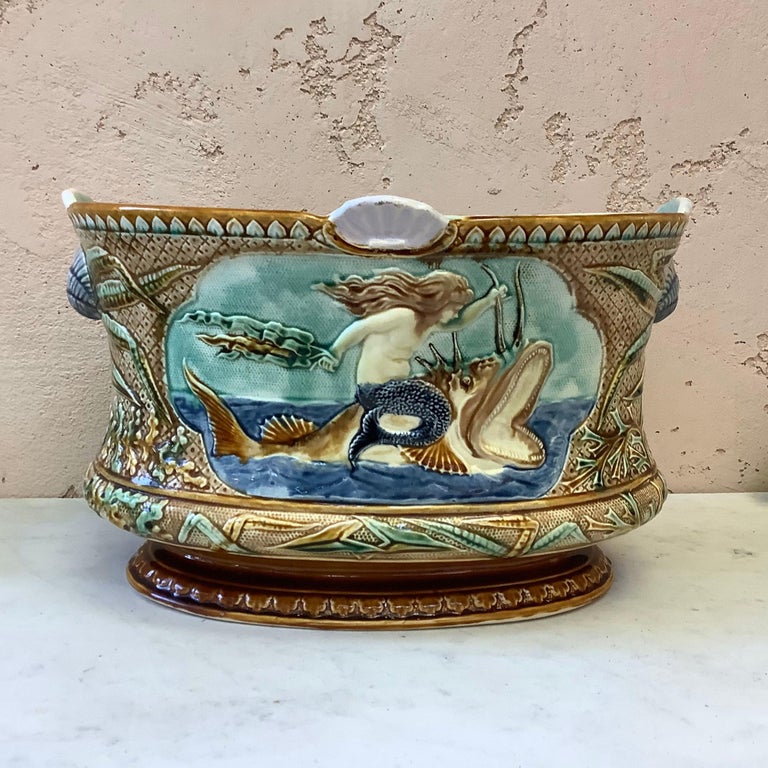 Ceramic 19th Century Square Majolica Mermaid Wall Plate For Sale
