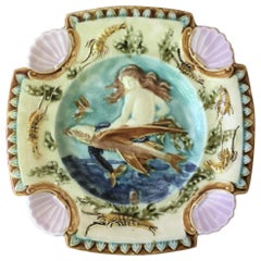 19th Century Square Majolica Mermaid Wall Plate