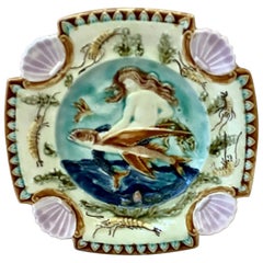 19th Century Square Majolica Mermaid Wall Plate