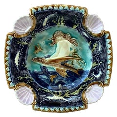 19th Century Square Majolica Mermaid Wall Plate