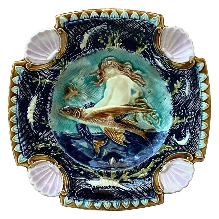 19th Century Square Majolica Mermaid Wall Plate For Sale