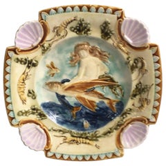 19th Century Square Majolica Mermaid Wall Plate