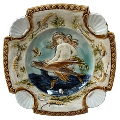 19th Century Square Majolica Mermaid Wall Plate