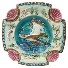 19th Century Square Majolica Mermaid Wall Plate