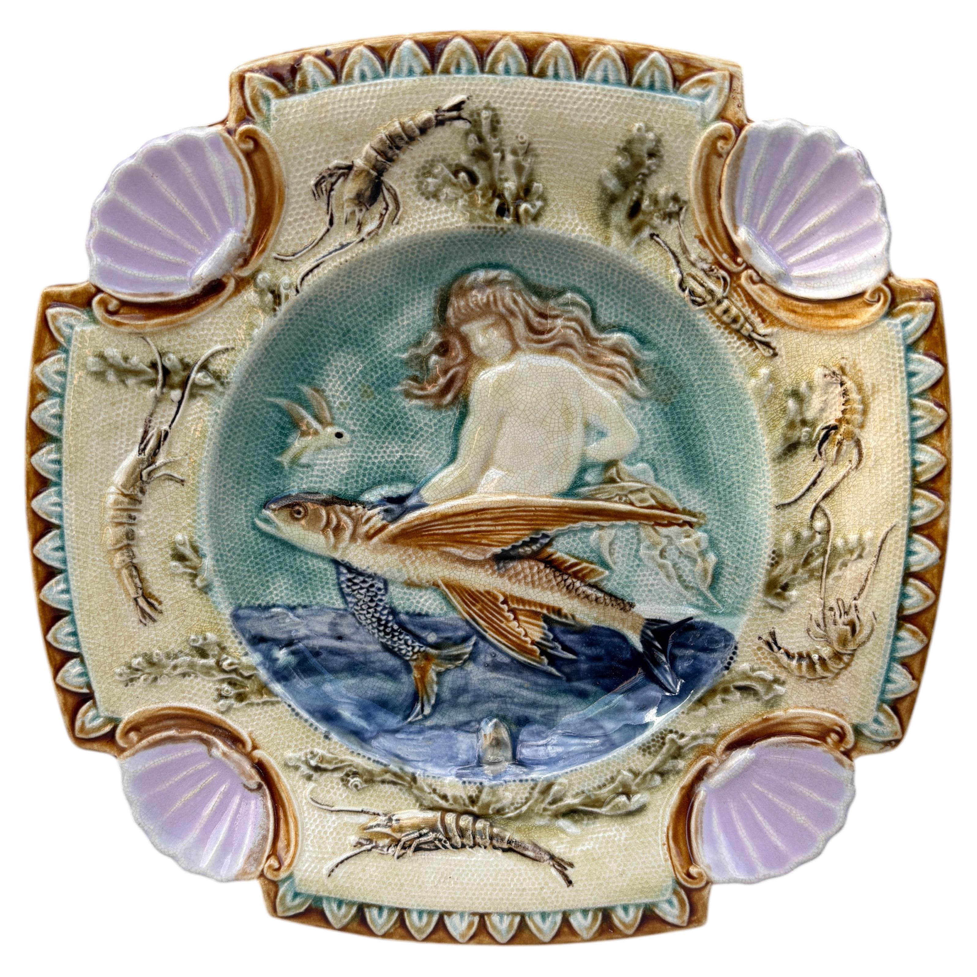 19th Century Square Majolica Mermaid Wall Plate For Sale