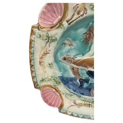 19th Century Square Majolica Mermaid Wall Plate Nimy Les Mons