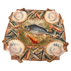 19th Century Square Majolica Palissy Wall Fish Platter Longchamp