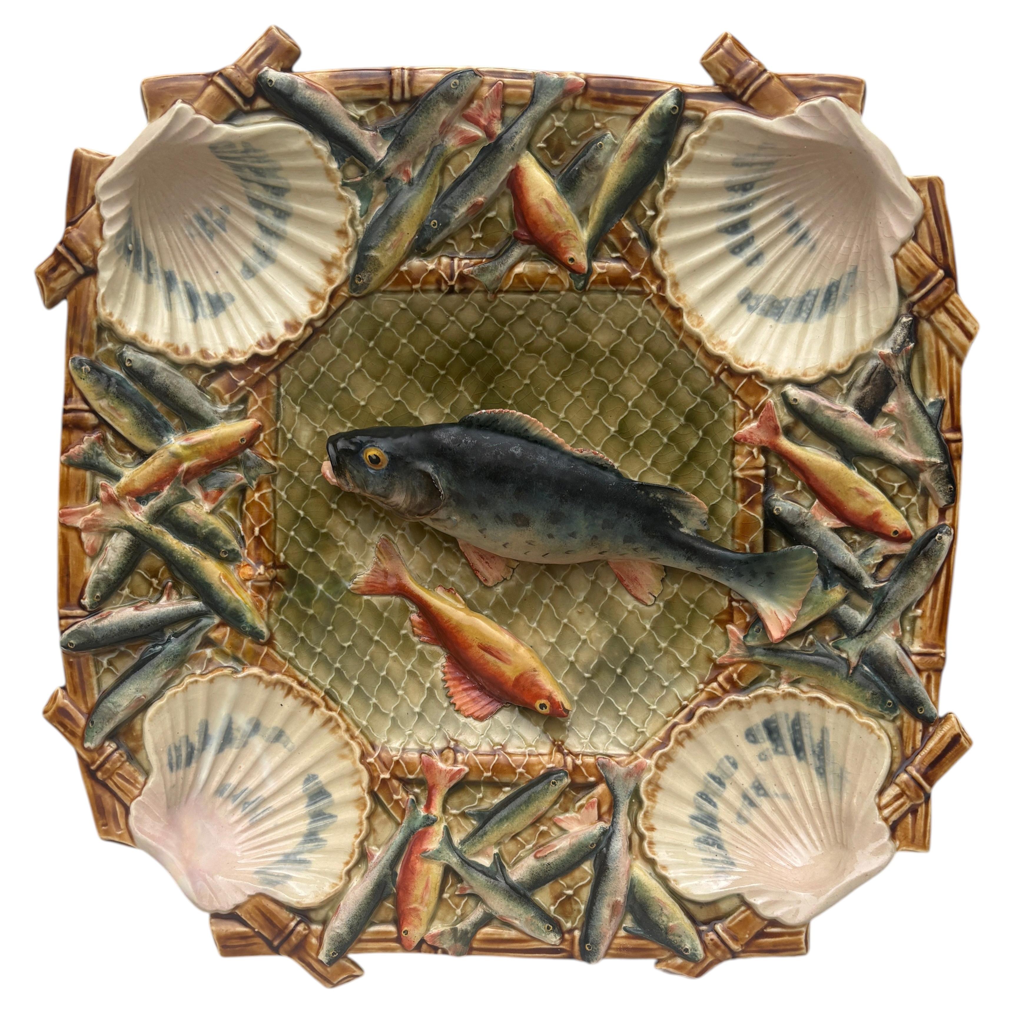 Pre-owned Longchamp 19th Century Square Majolica Palissy Wall Fish Platter In Brown