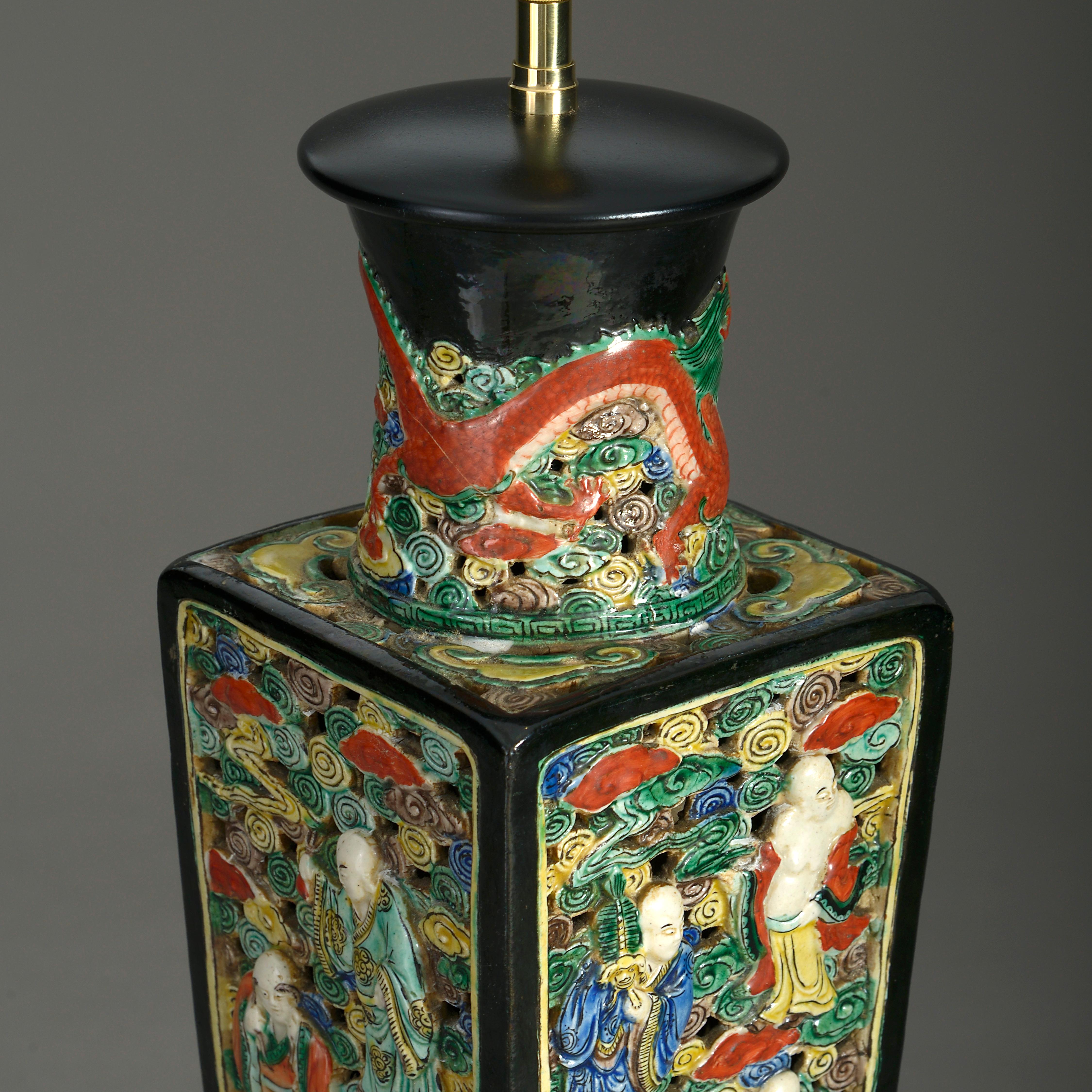 Chinese Export 19th Century Square Porcelain Vase Lamp For Sale