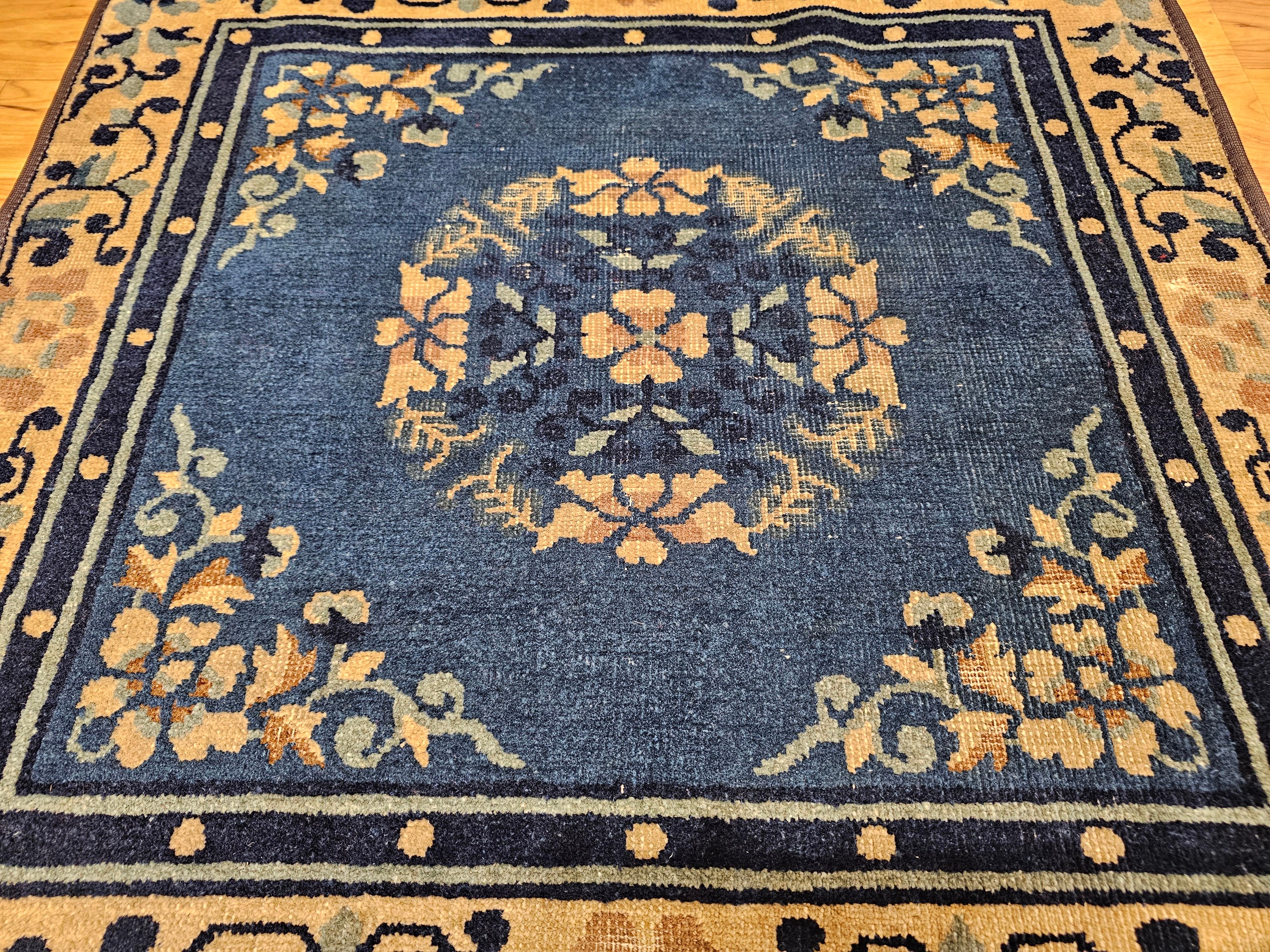 19th Century Chinese Peking Area Rug in Floral & Bird Motifs in Tan, Navy, Blue For Sale 7