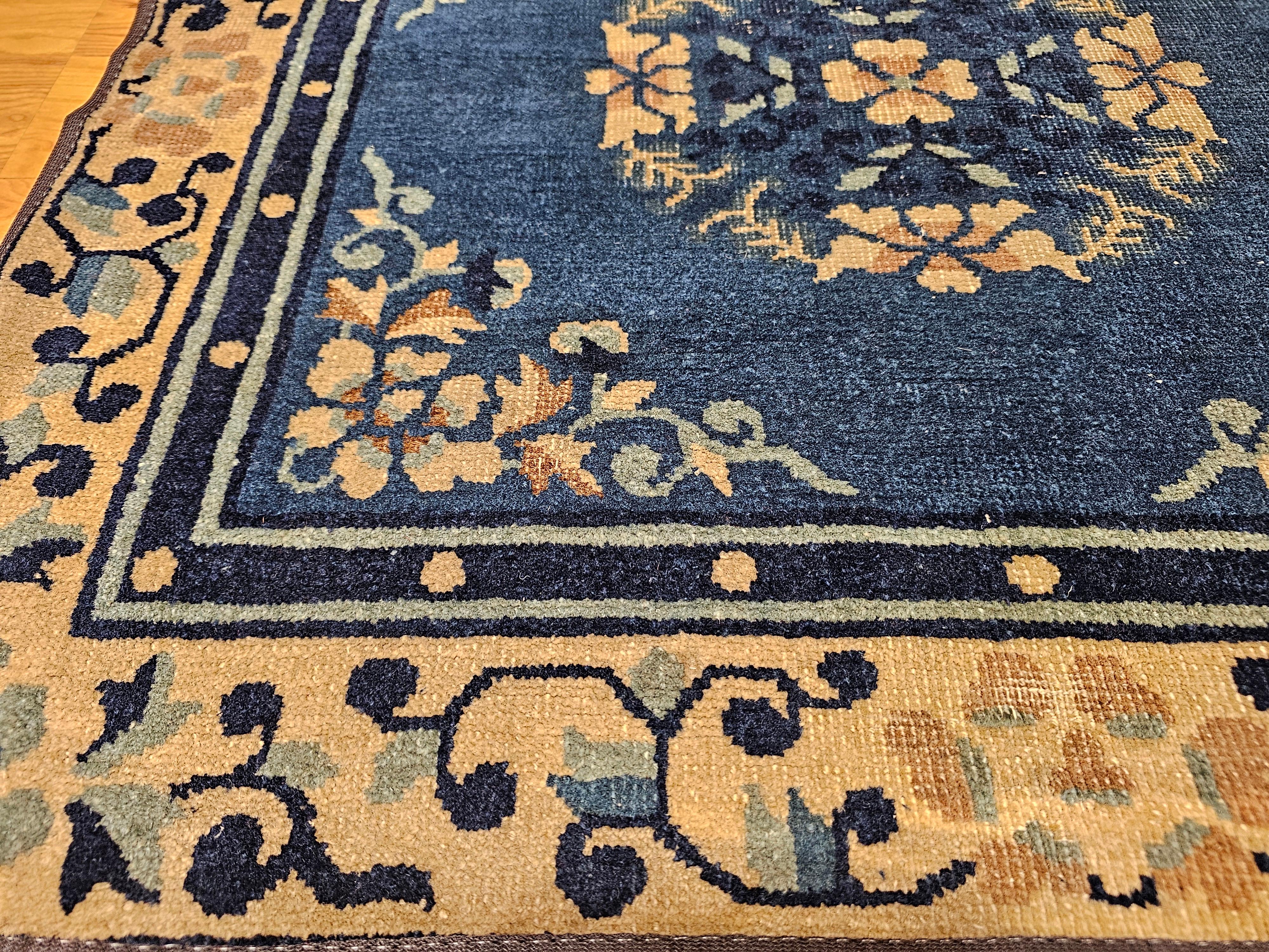 19th Century Chinese Peking Area Rug in Floral & Bird Motifs in Tan, Navy, Blue For Sale 5