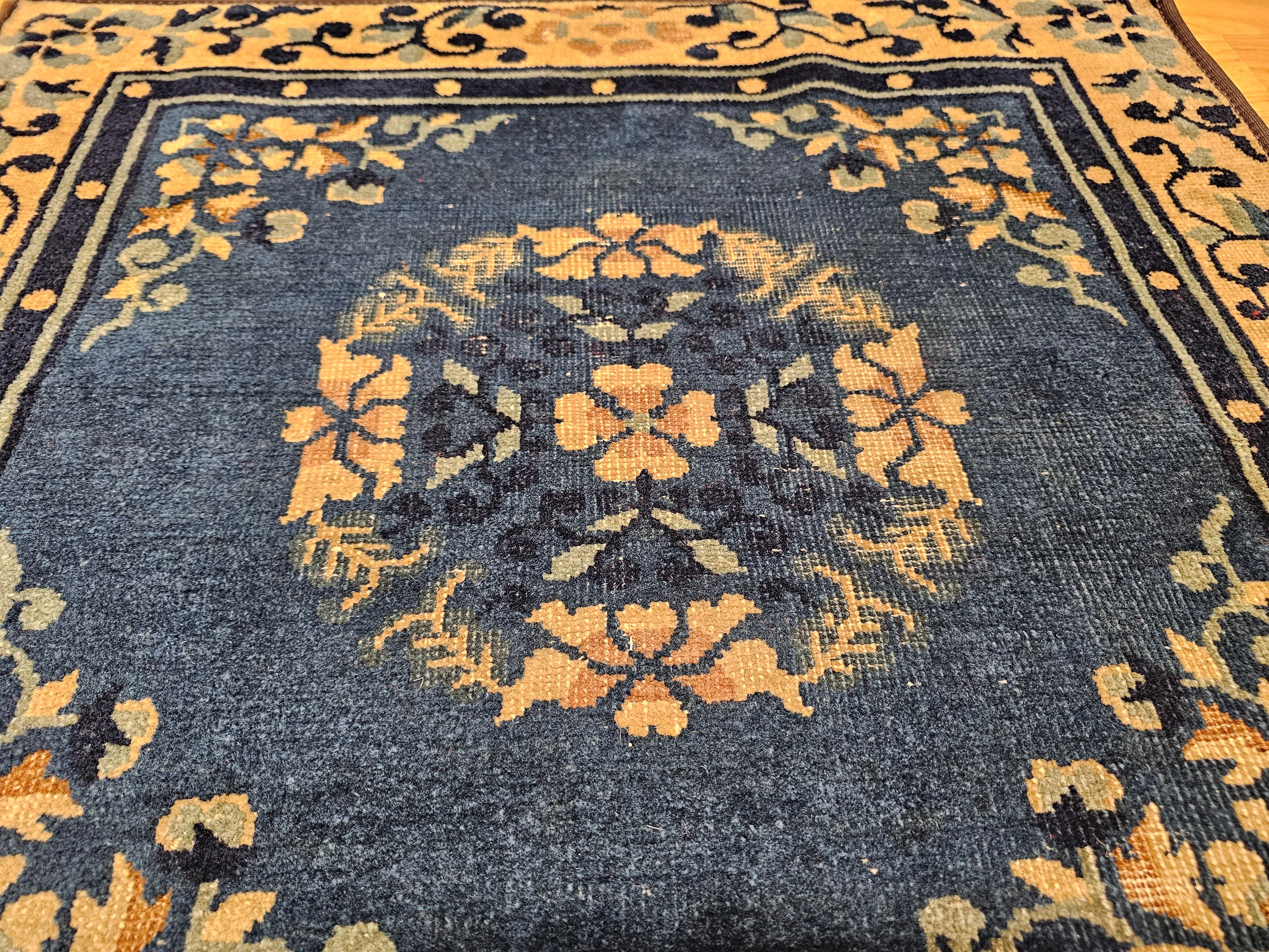 19th Century Chinese Peking Area Rug in Floral & Bird Motifs in Tan, Navy, Blue For Sale 4