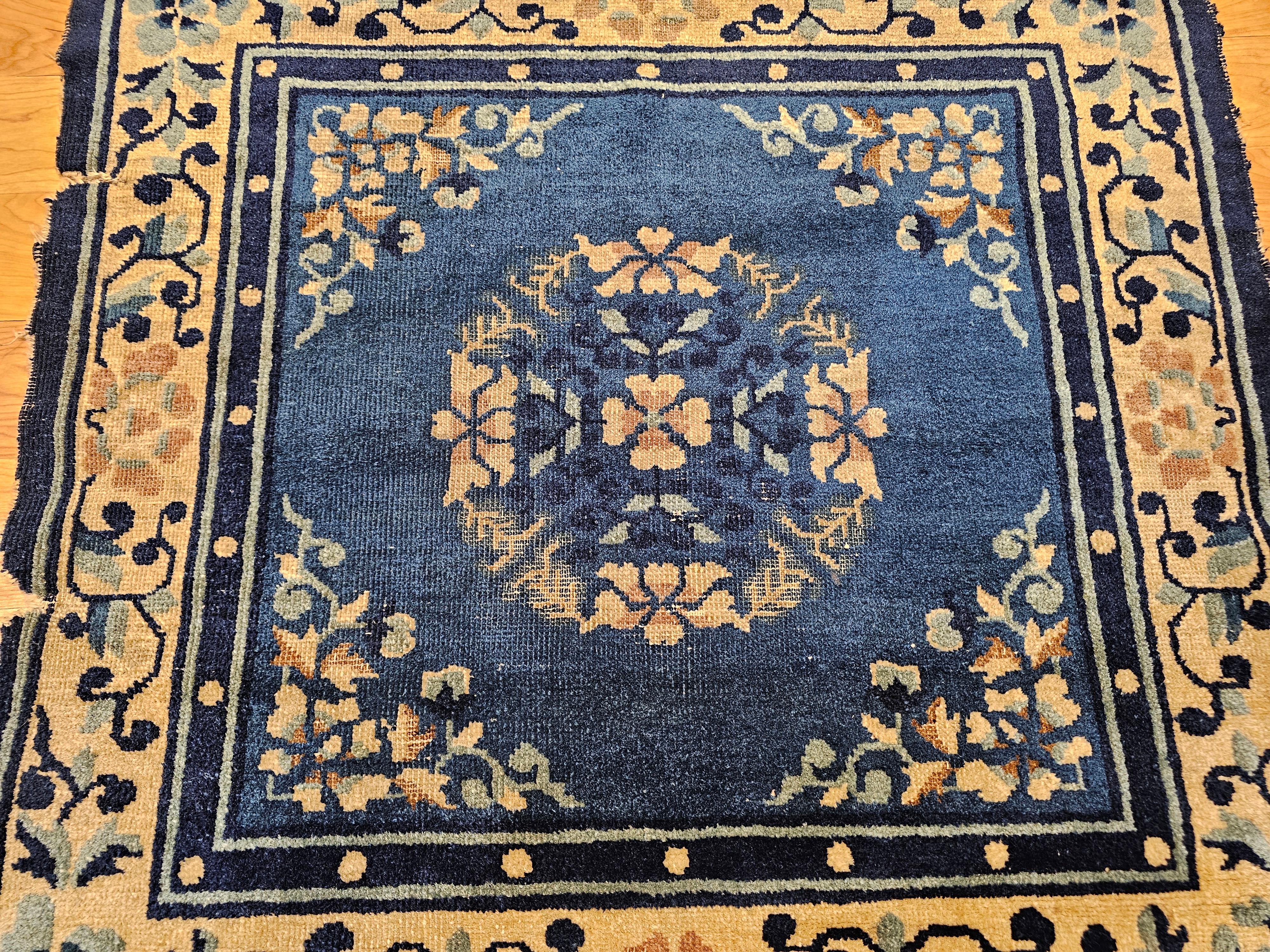 19th Century Chinese Peking Area Rug in Floral & Bird Motifs in Tan, Navy, Blue In Good Condition For Sale In Barrington, IL