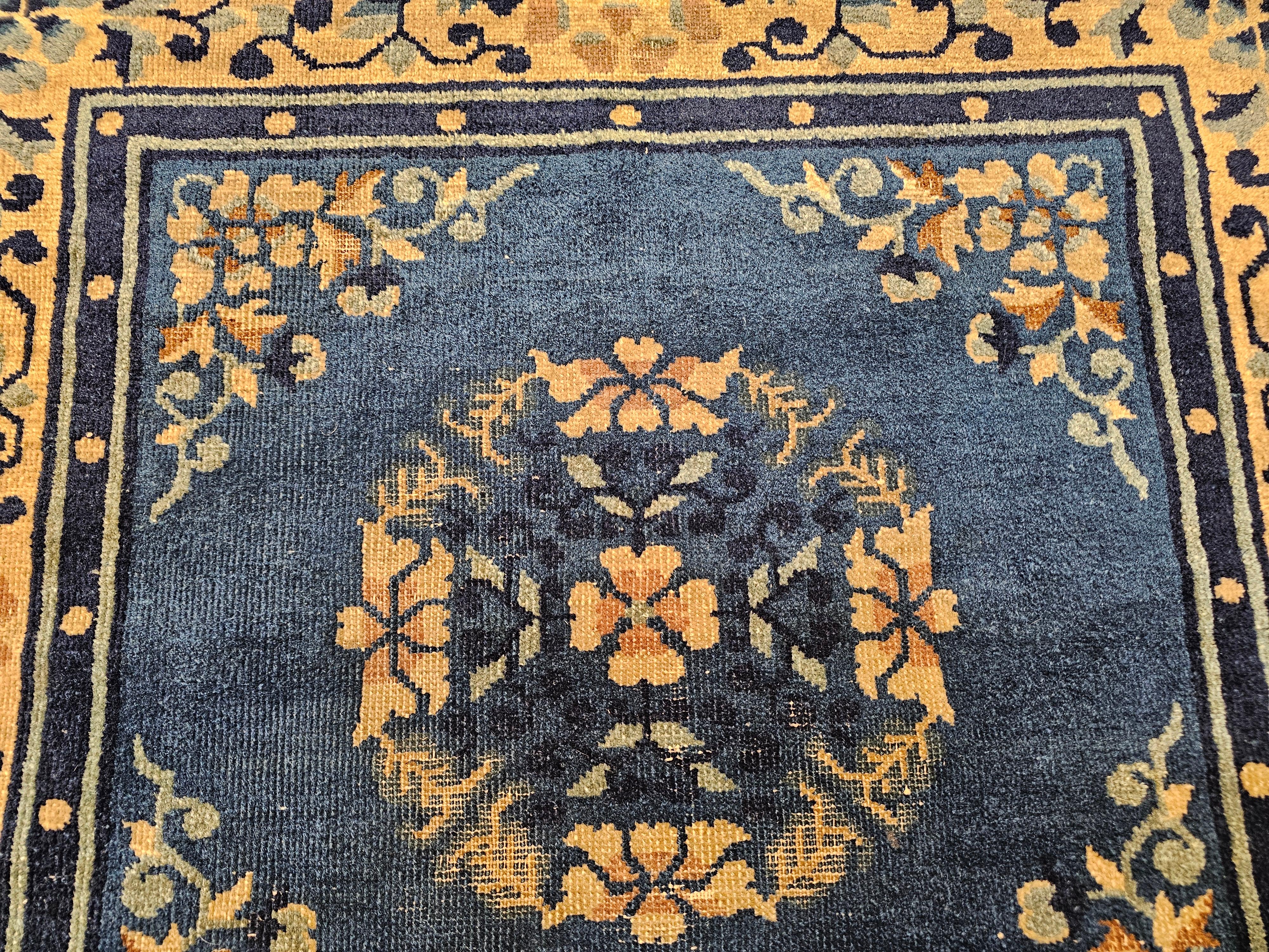 Wool 19th Century Chinese Peking Area Rug in Floral & Bird Motifs in Tan, Navy, Blue For Sale