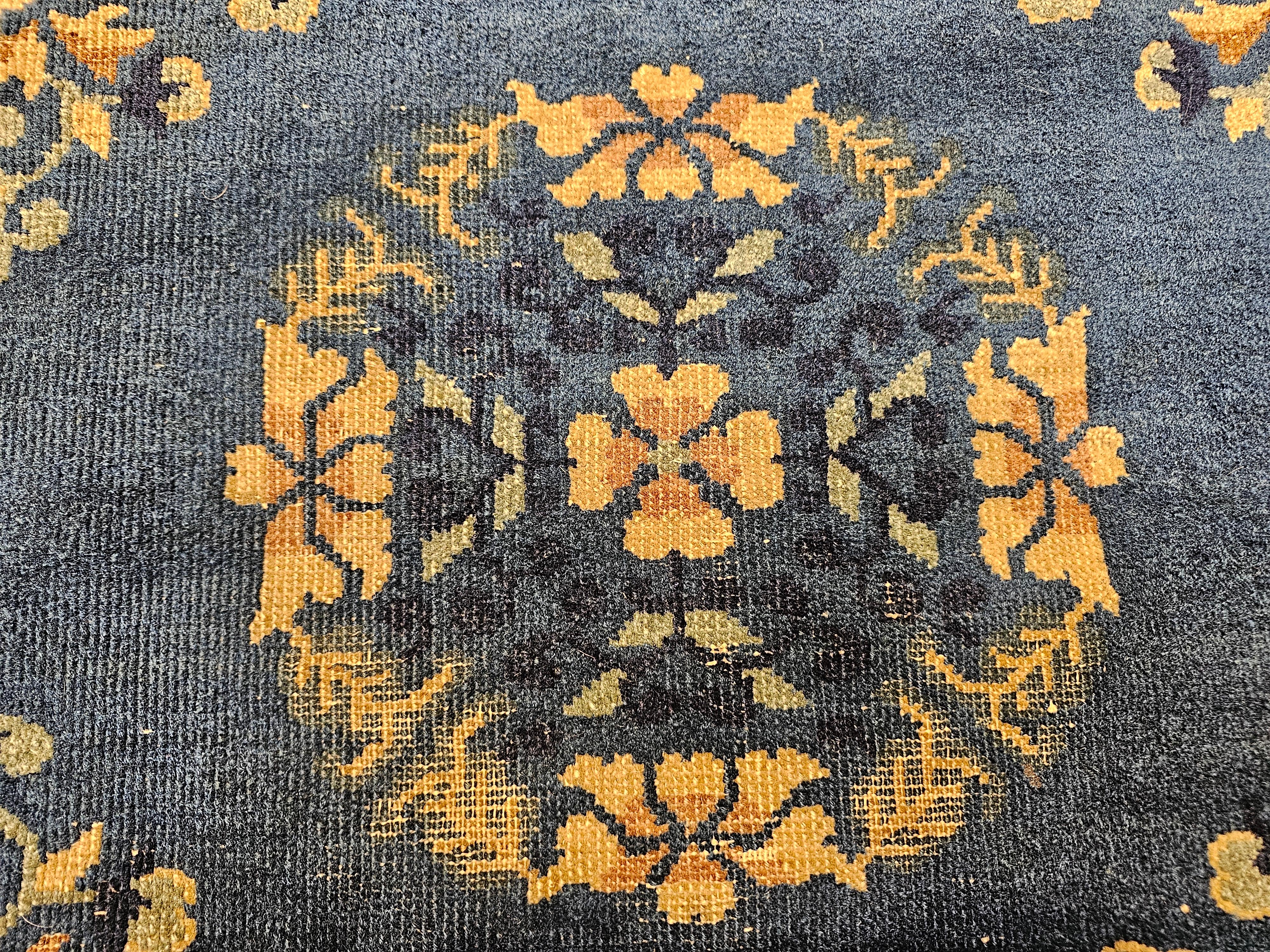 19th Century Chinese Peking Area Rug in Floral & Bird Motifs in Tan, Navy, Blue For Sale 1