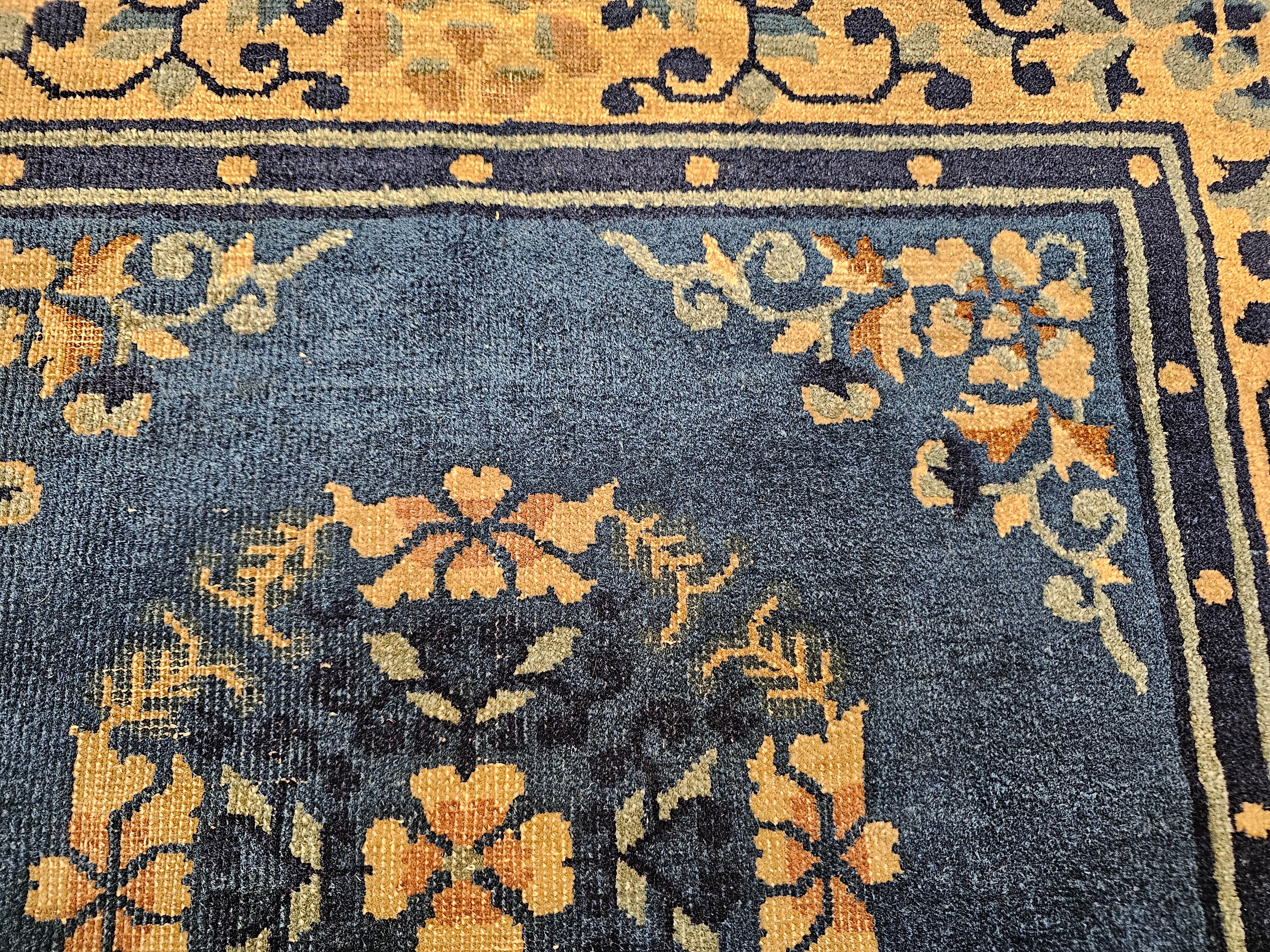 19th Century Chinese Peking Area Rug in Floral & Bird Motifs in Tan, Navy, Blue For Sale 2