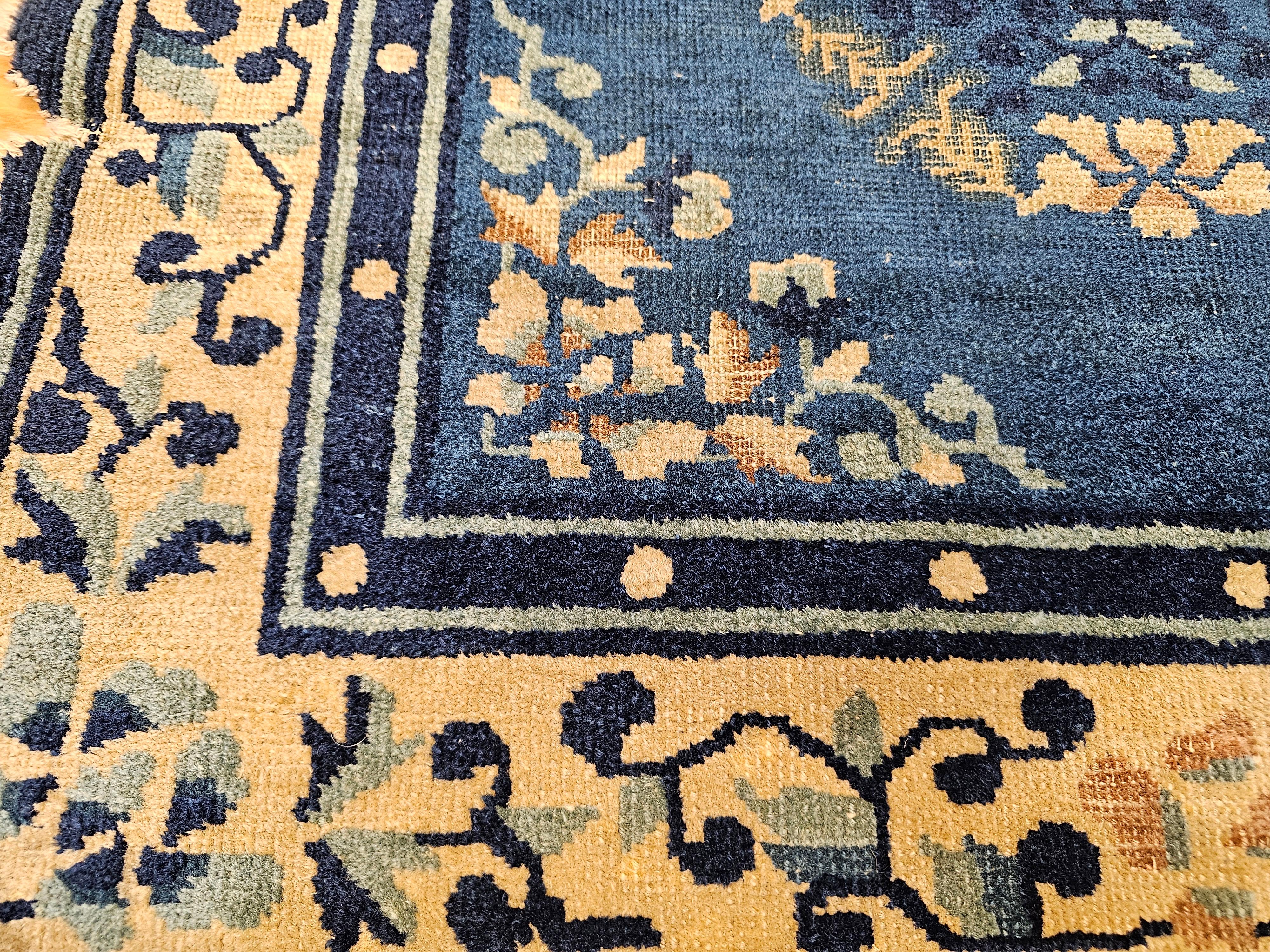 19th Century Chinese Peking Area Rug in Floral & Bird Motifs in Tan, Navy, Blue For Sale 3