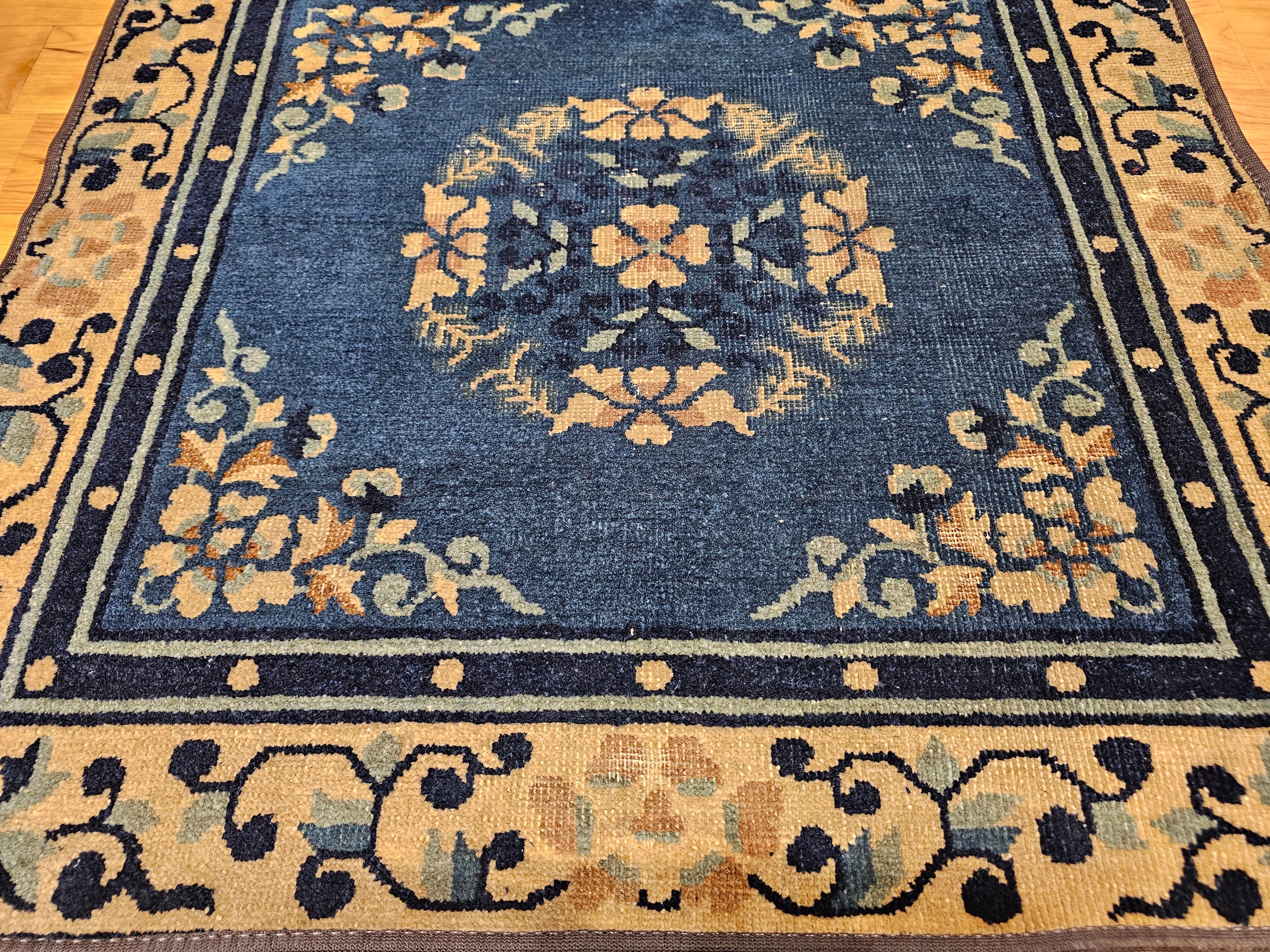 19th Century Chinese Peking Area Rug in Floral & Bird Motifs in Tan, Navy, Blue For Sale 6