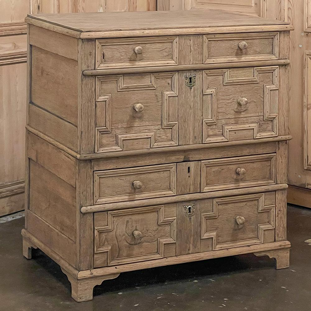 19th Century stacked jacobean chest of drawers ~ cabinet is an interesting piece, with a design that includes a combination cabinet with drawers that notches into the top of the lower chest of drawers in a stacking design. Tailored molding detail