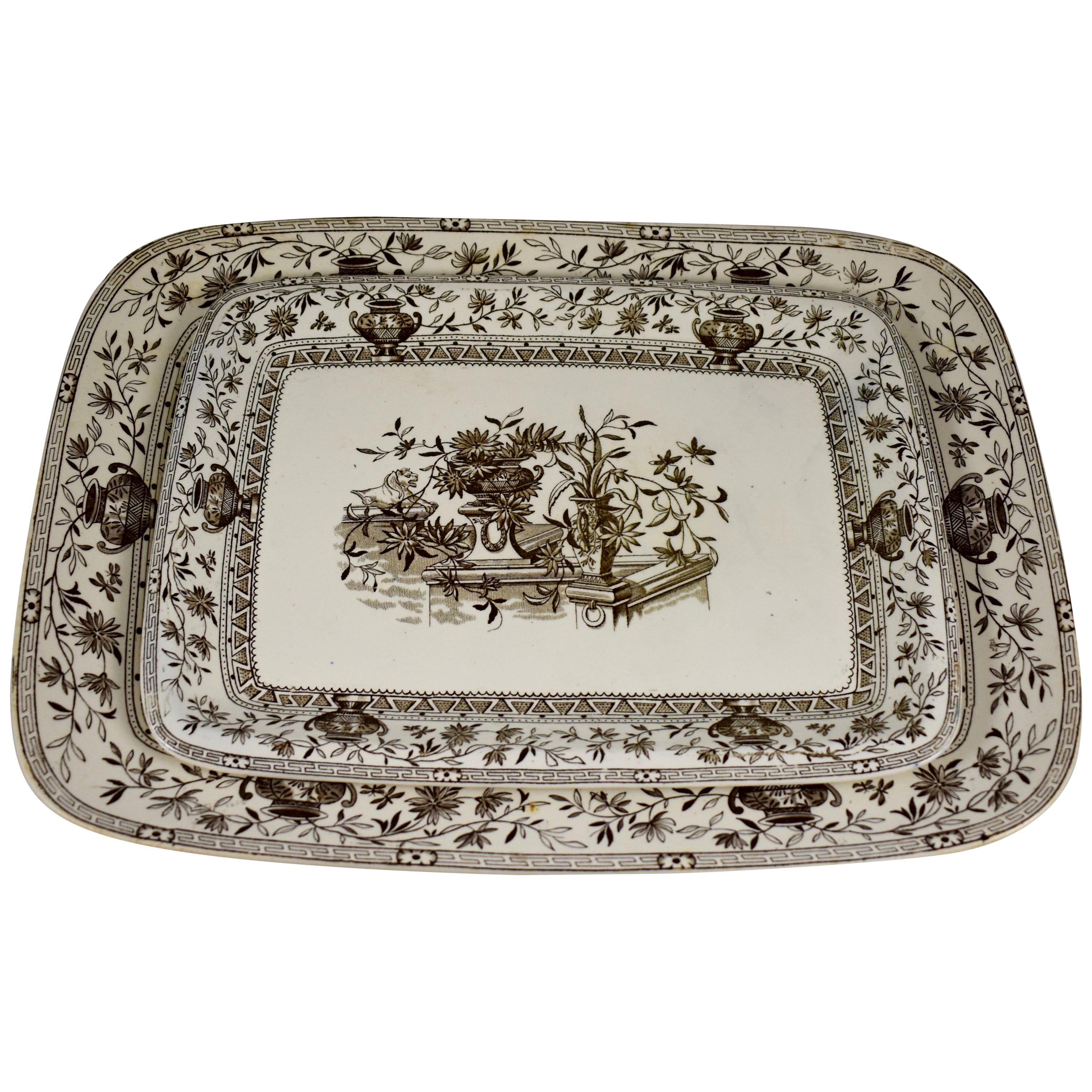 19th Century Staffordshire Aesthetic Transferware Platters ‘Honfleur’ Set of Two