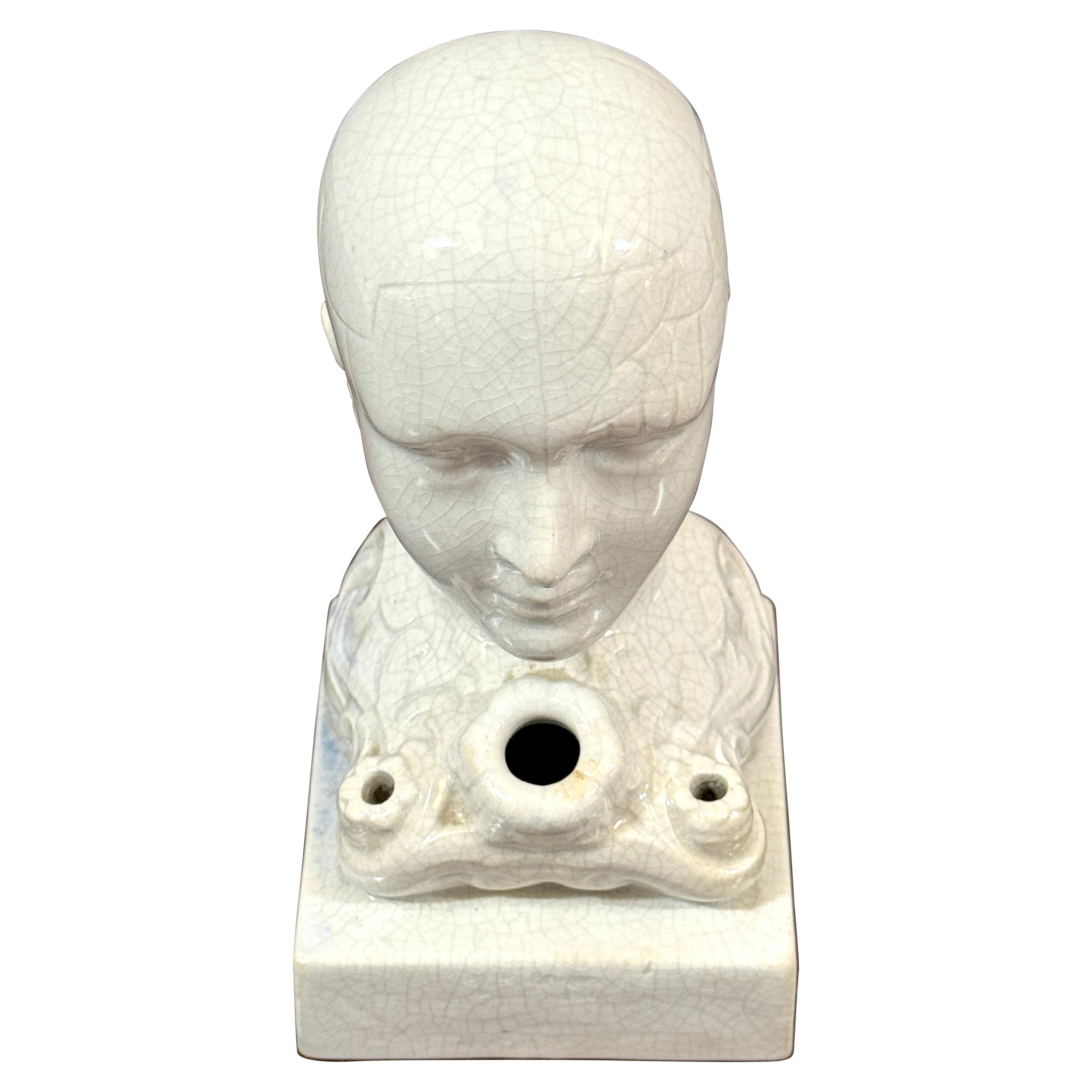 19th Century Staffordshire Creamware Phrenology Head Inkwell, Stamped “55” For Sale