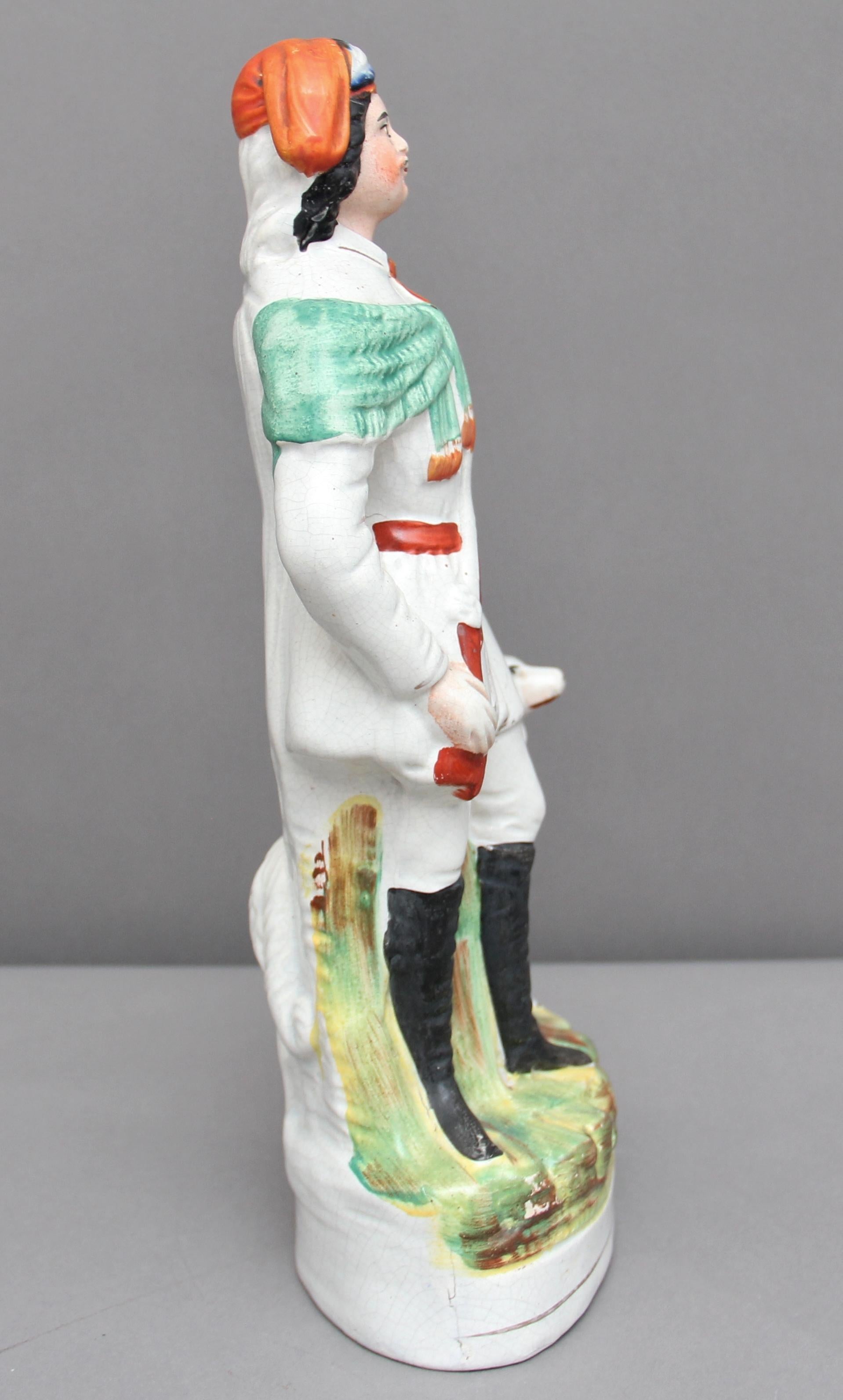 19th century Staffordshire figure of Roualeyn George Gordon-Cumming, a Scottish traveller and sportsman, known as the “lion hunter” In good condition and has a lovely color, circa 1850.

 