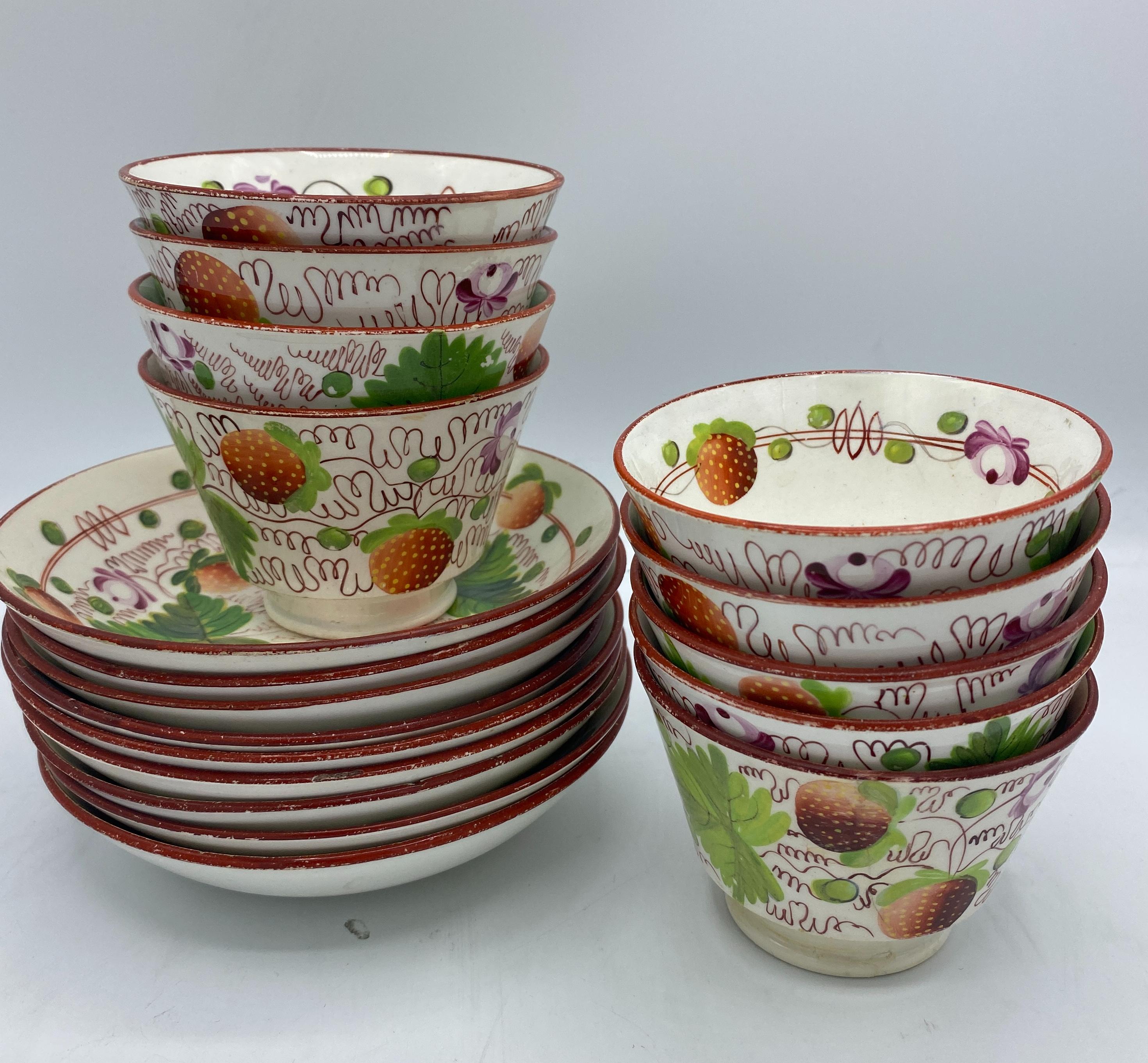 Early Victorian Early 19th Century Staffordshire Pealware Tea Set with Strawberry & Vine Pattern For Sale