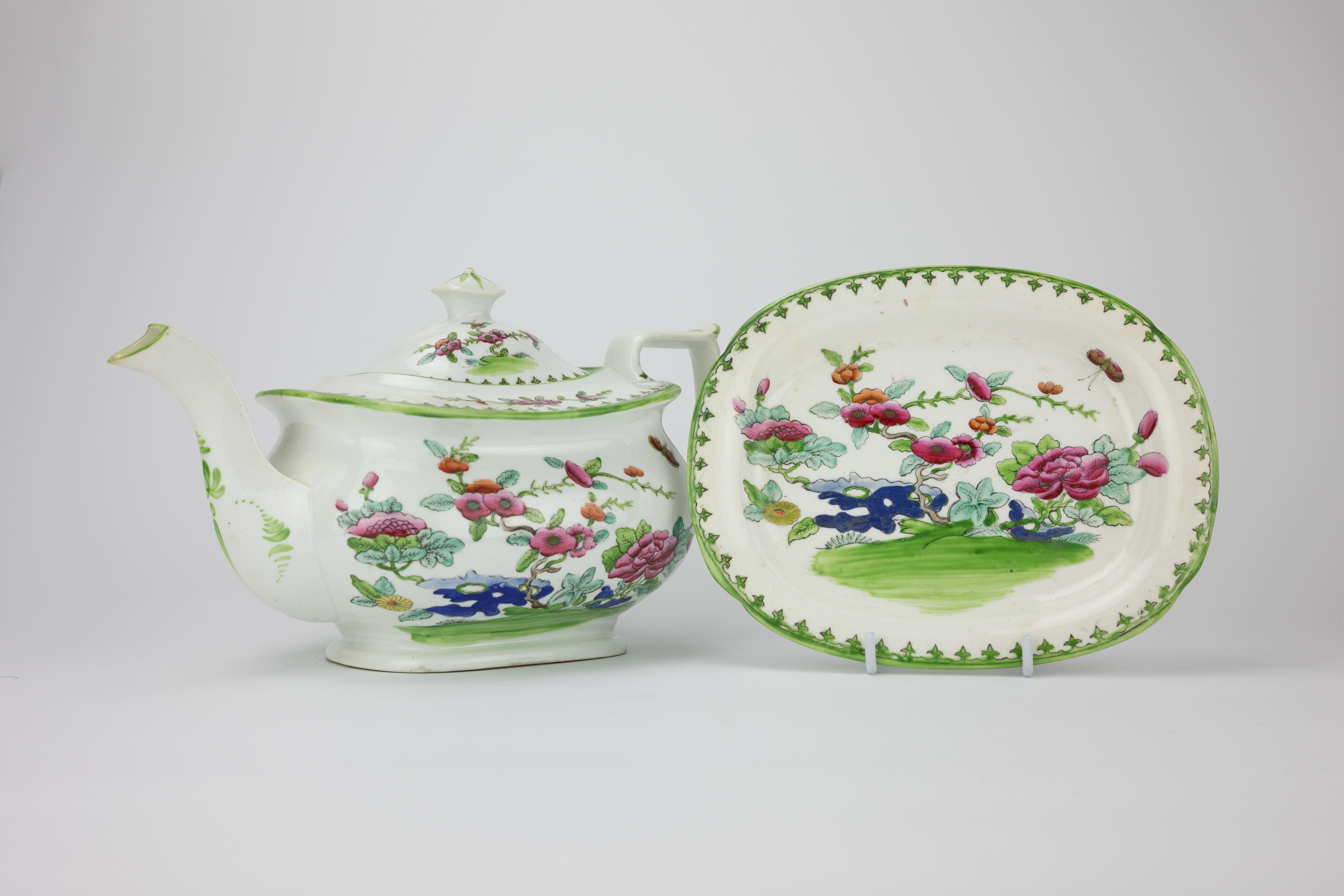 Hand-Painted 19th Century Staffordshire Porcelain Chinoiserie Tea Set
