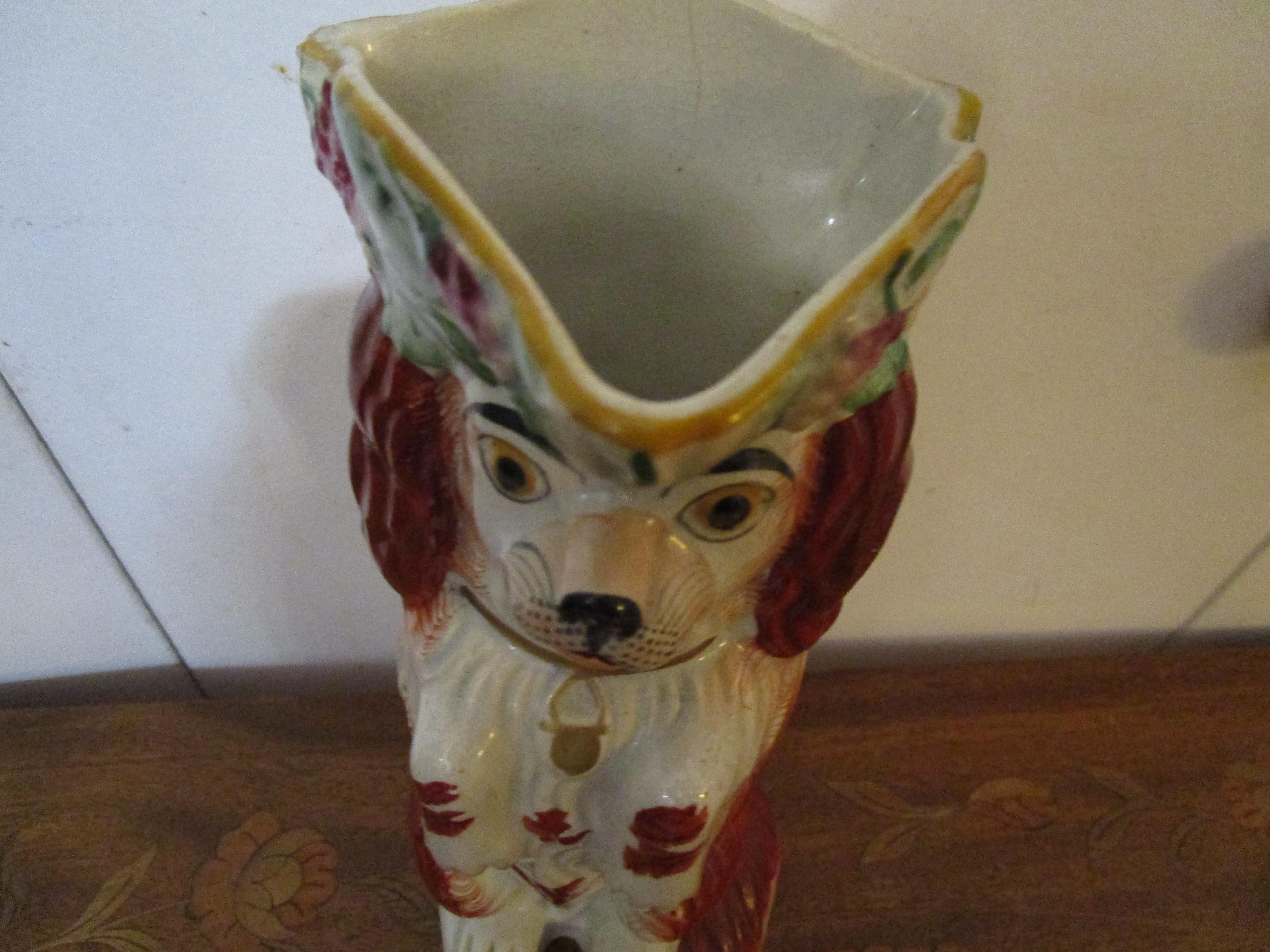 Hand-Painted 19th Century Staffordshire Red and White Begging Spaniel Toby Jug For Sale