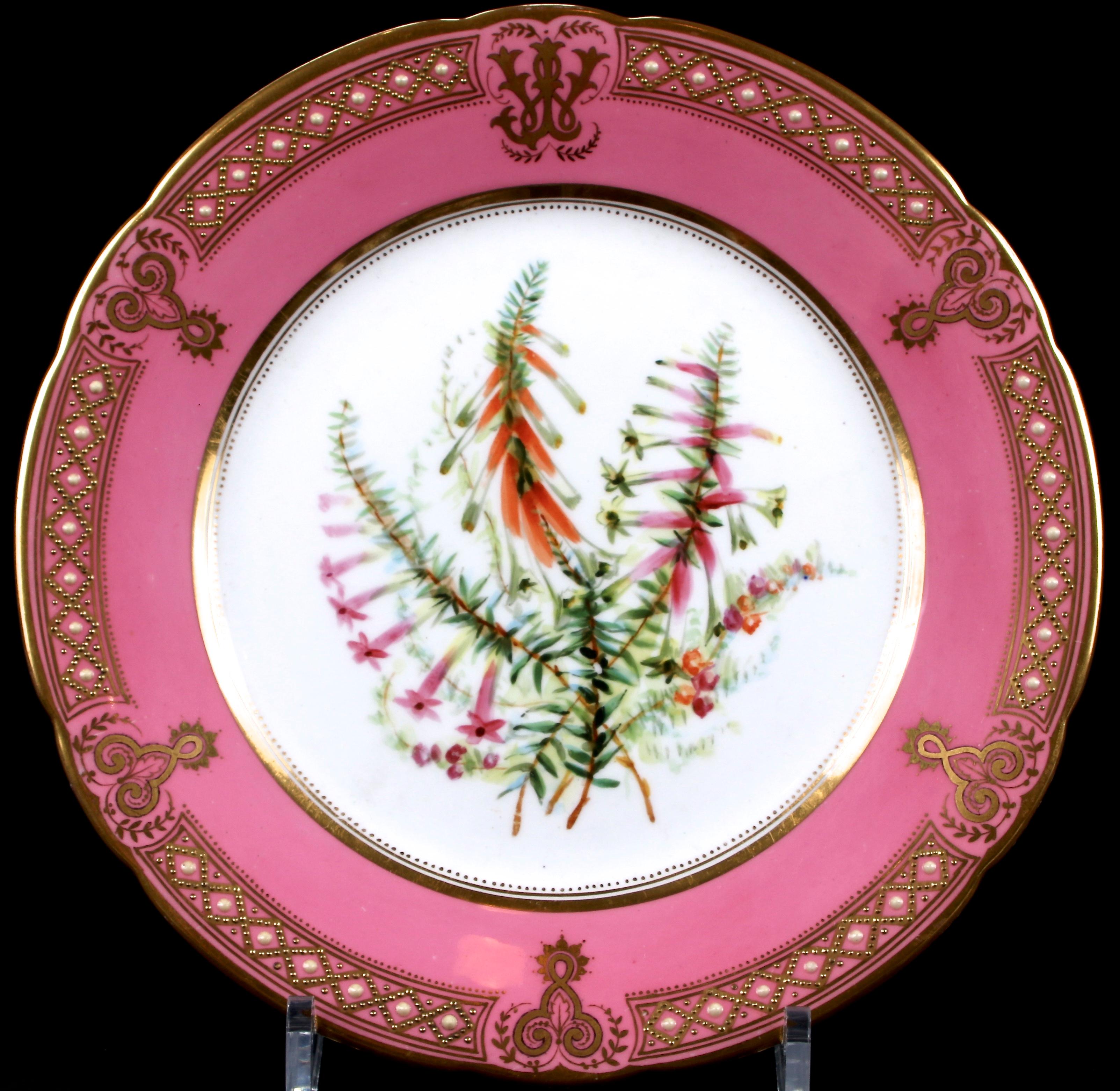 Victorian 19th Century Staffordshire Rose Pompadour Botanical Dessert Service