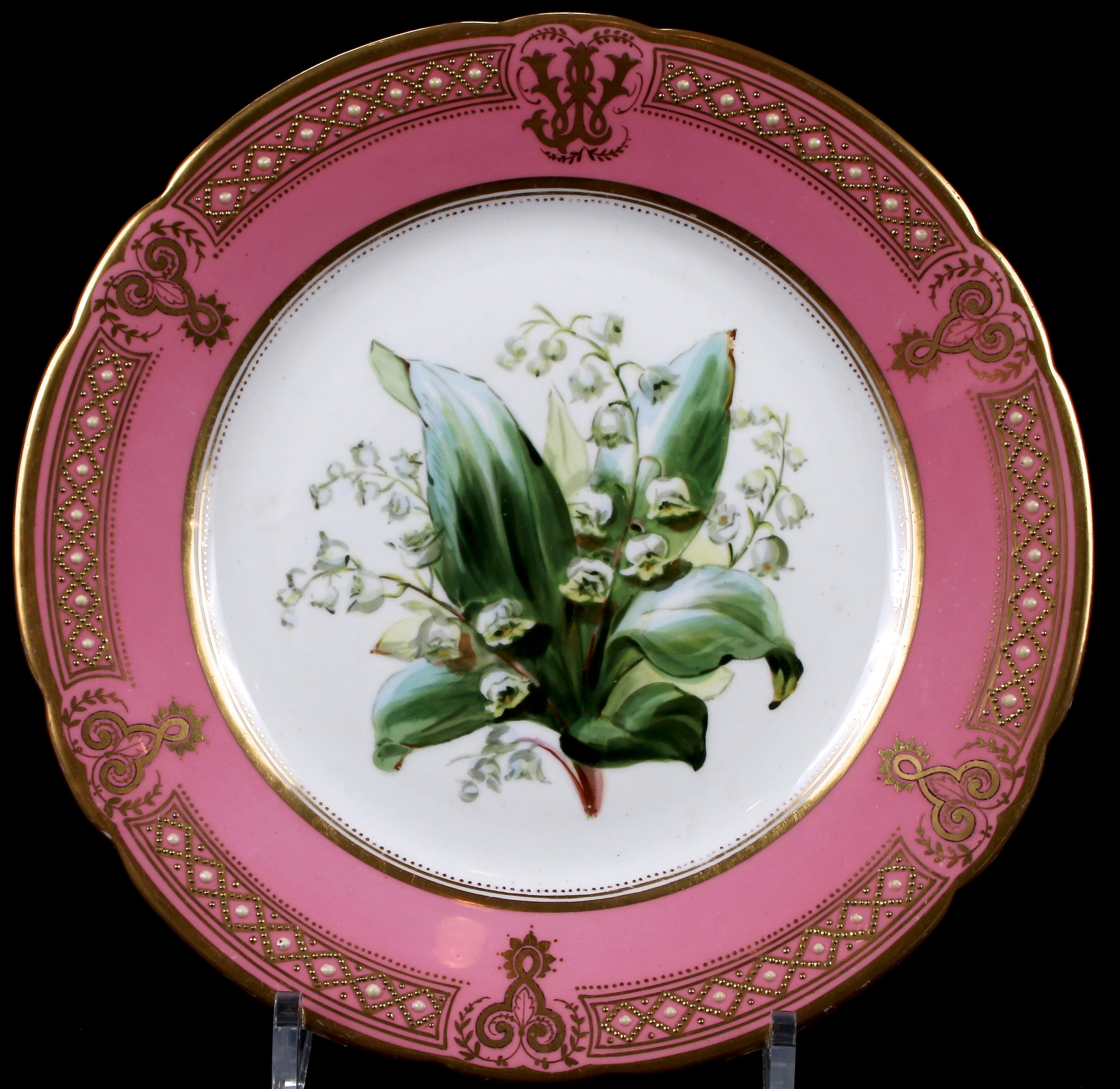 English 19th Century Staffordshire Rose Pompadour Botanical Dessert Service