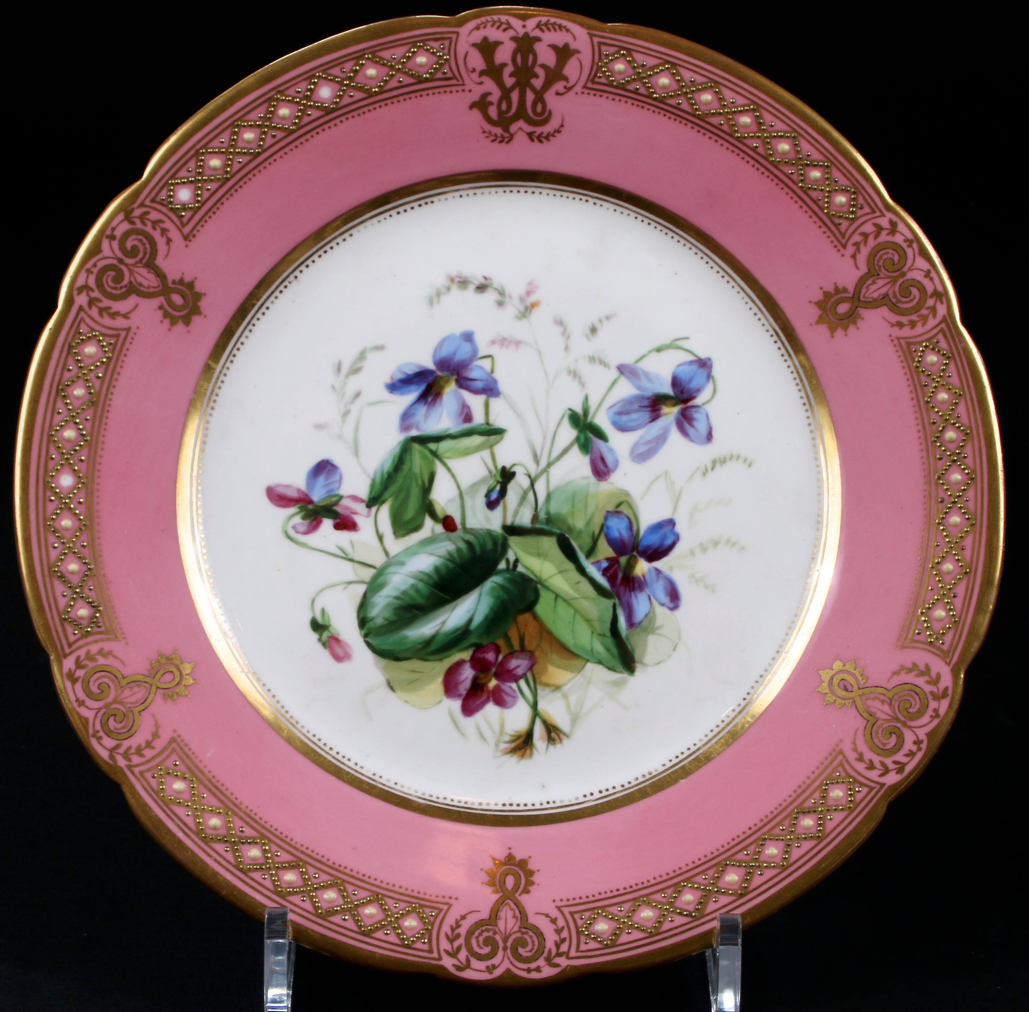 Beaded 19th Century Staffordshire Rose Pompadour Botanical Dessert Service