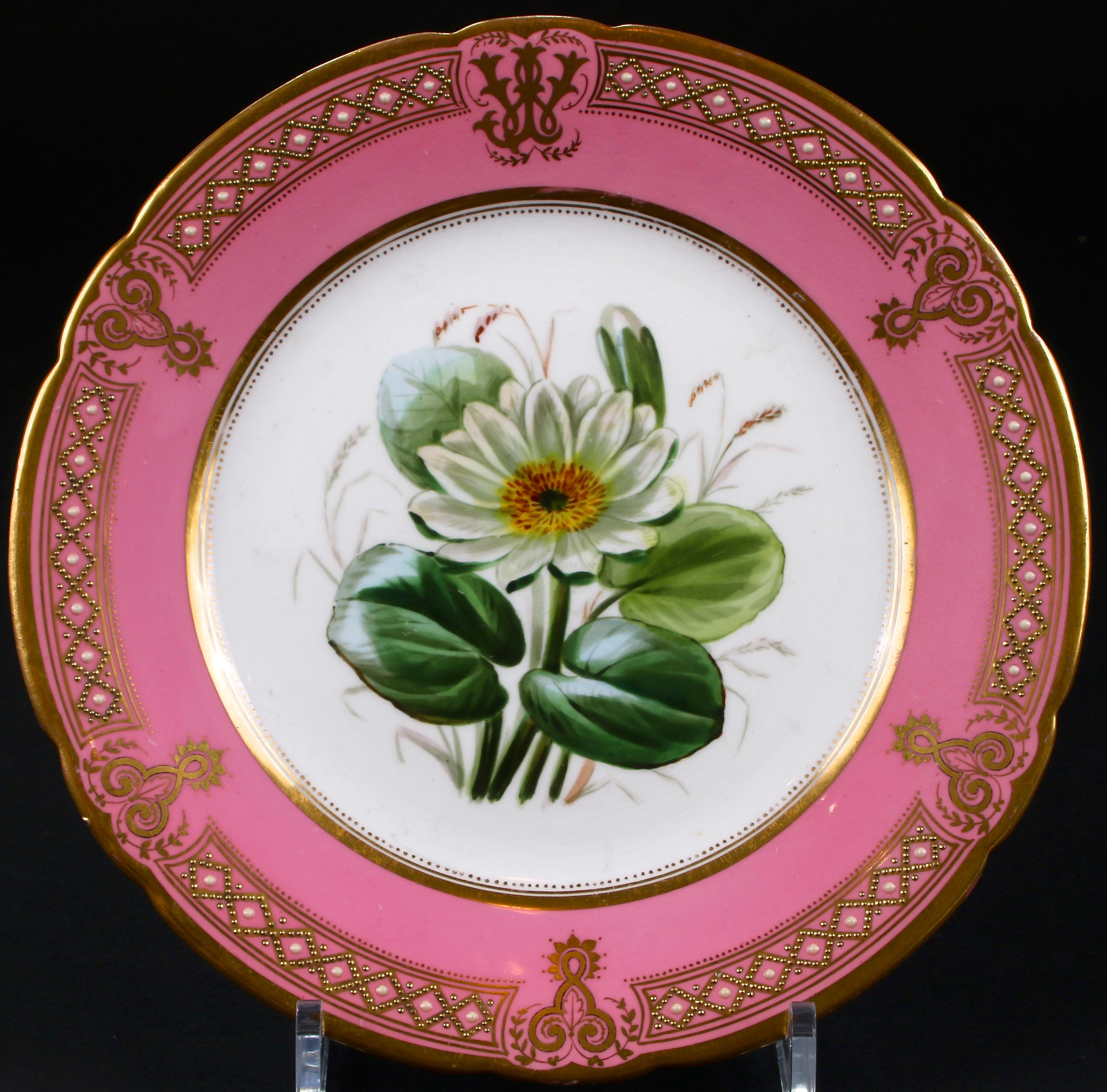 19th Century Staffordshire Rose Pompadour Botanical Dessert Service In Good Condition In New York, NY