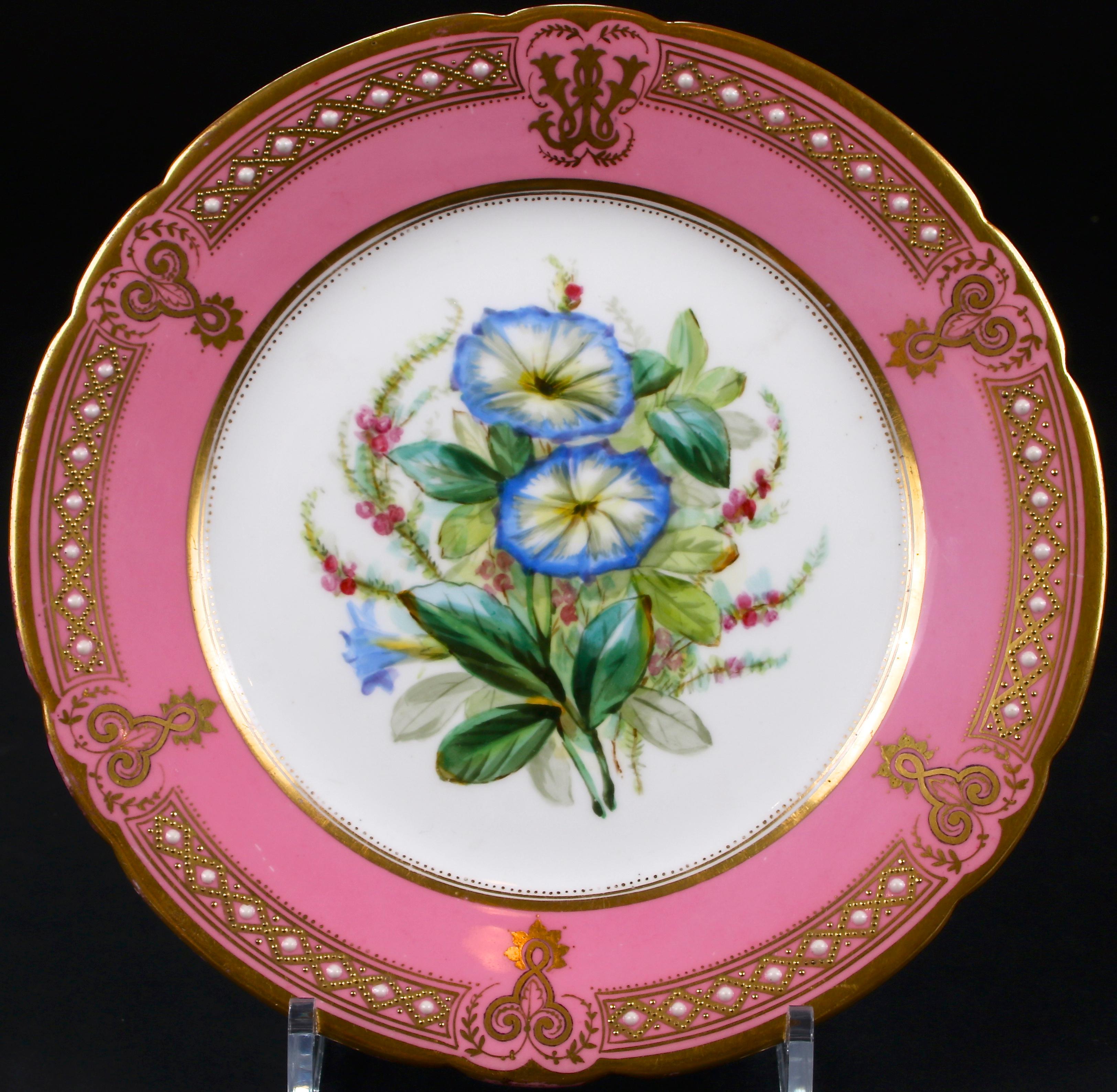 Late 19th Century 19th Century Staffordshire Rose Pompadour Botanical Dessert Service