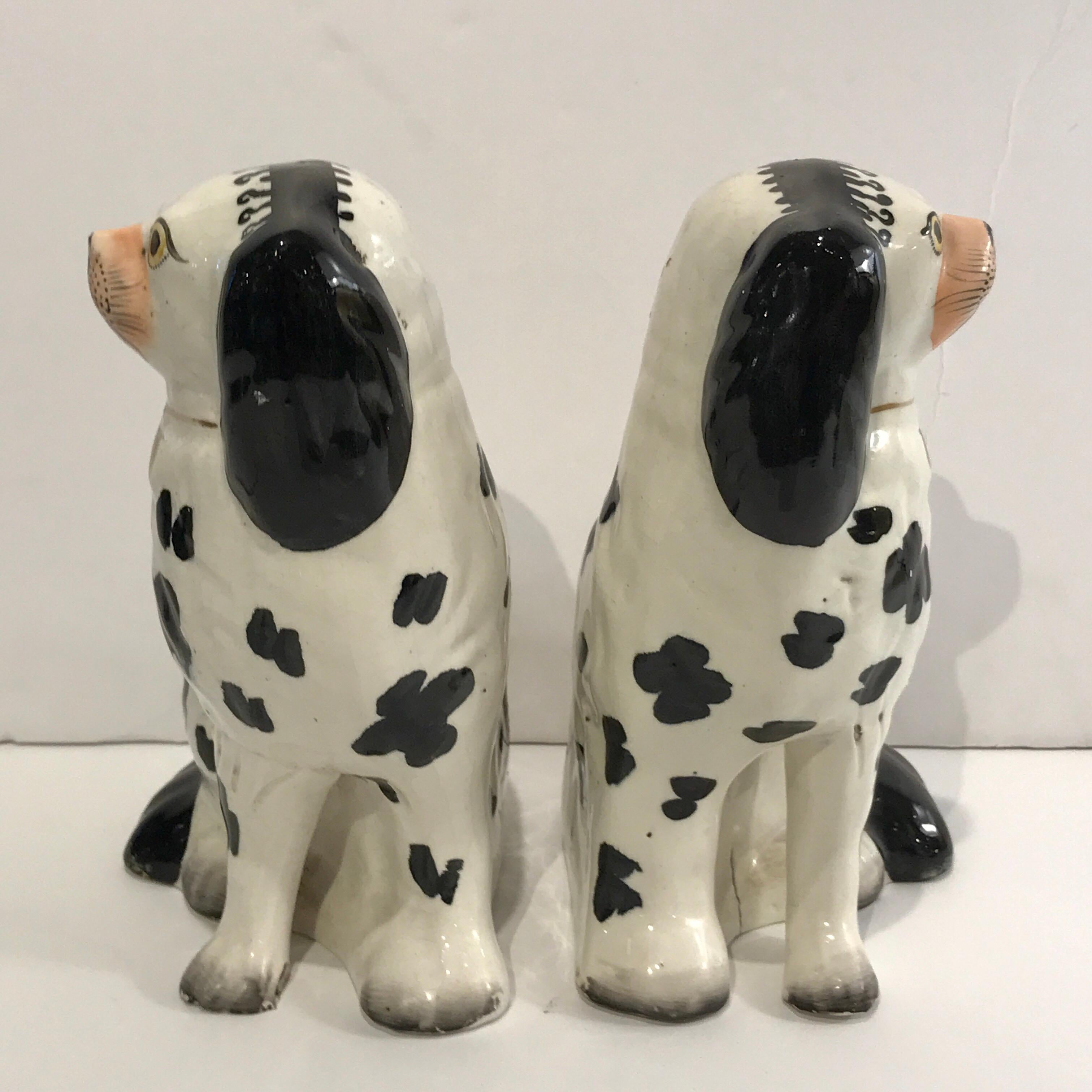19th Century Staffordshire Seated Disraeli Black and White Spaniel Dogs 5
