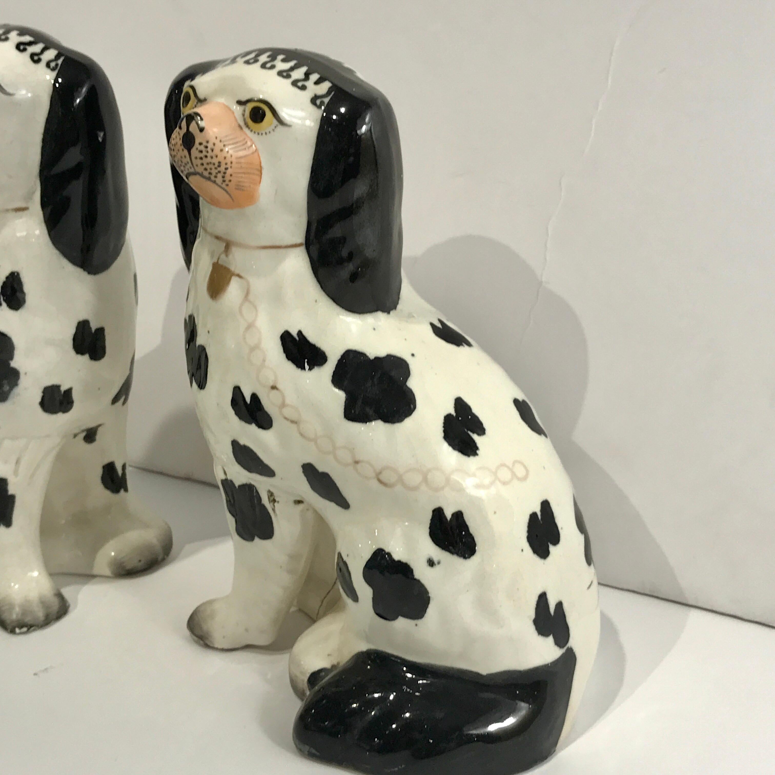 English 19th Century Staffordshire Seated Disraeli Black and White Spaniel Dogs