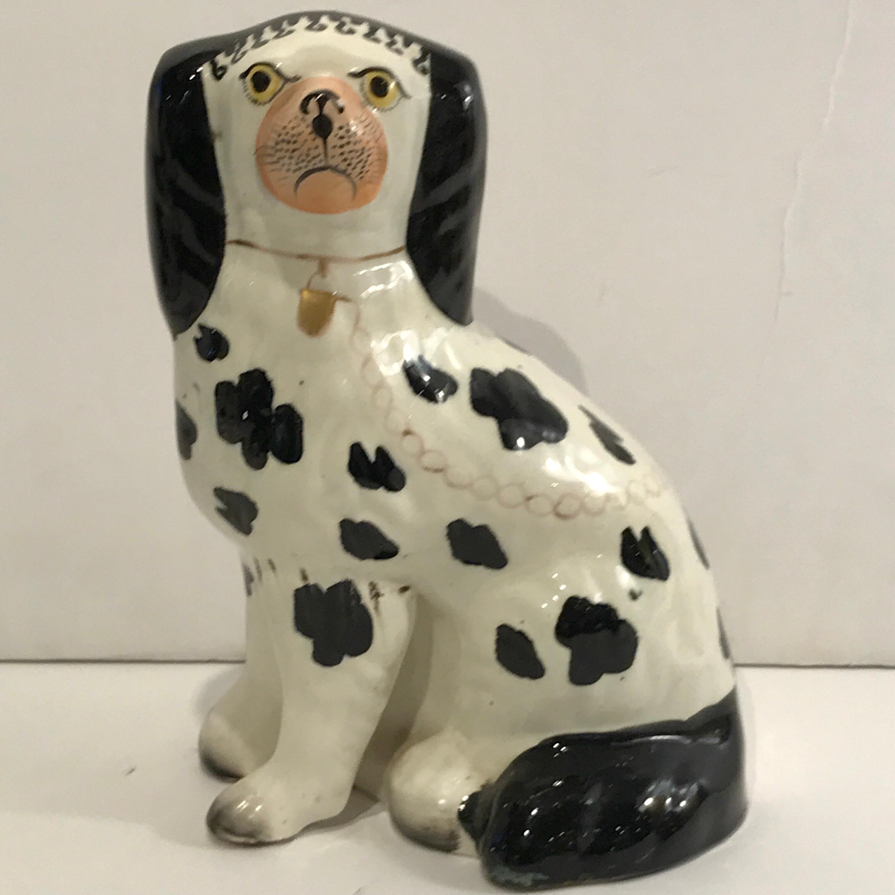 Hand-Painted 19th Century Staffordshire Seated Disraeli Black and White Spaniel Dogs