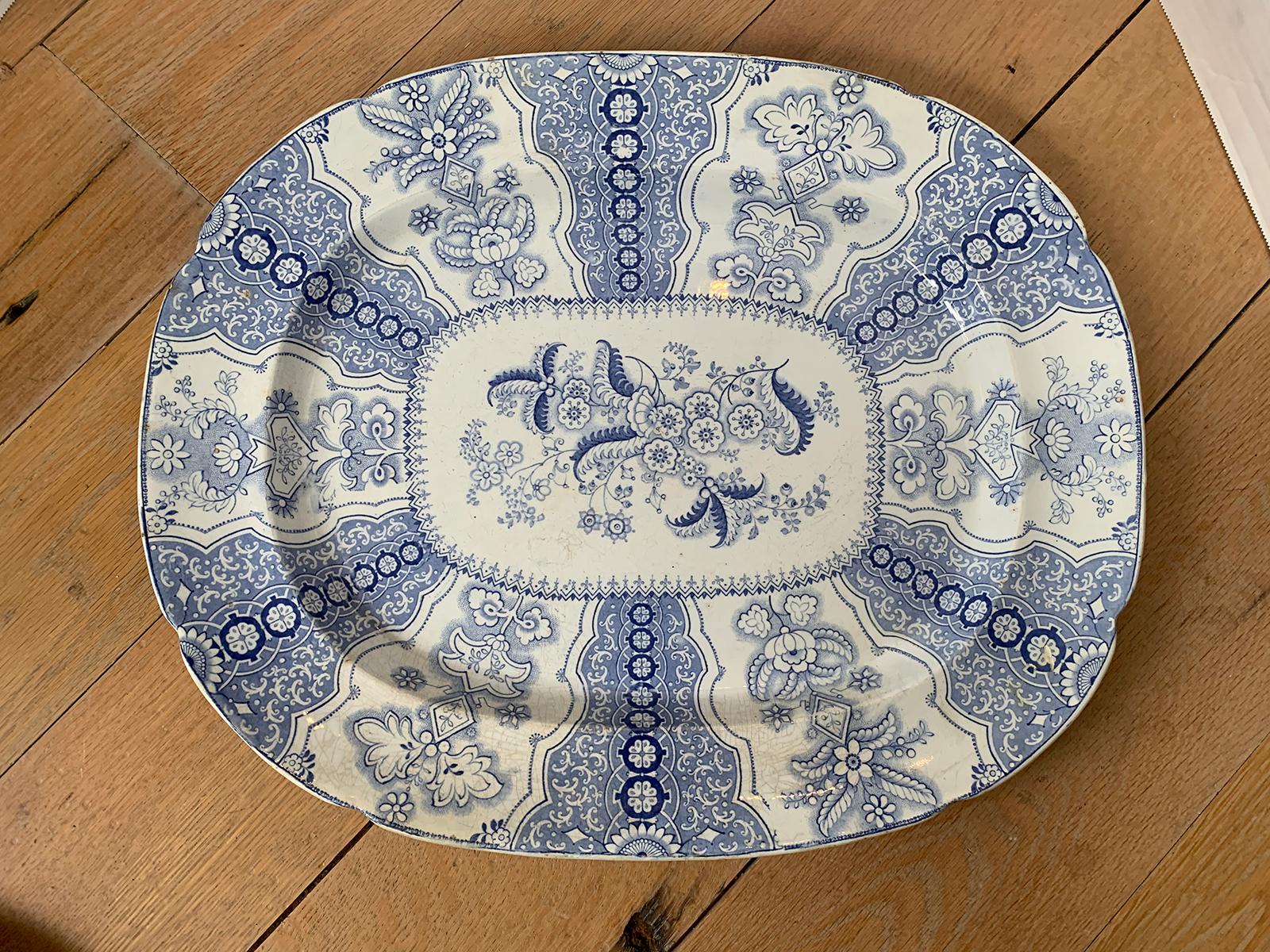 English 19th Century Staffordshire Transfer Granite Ware Blue and White Poonah J Charger