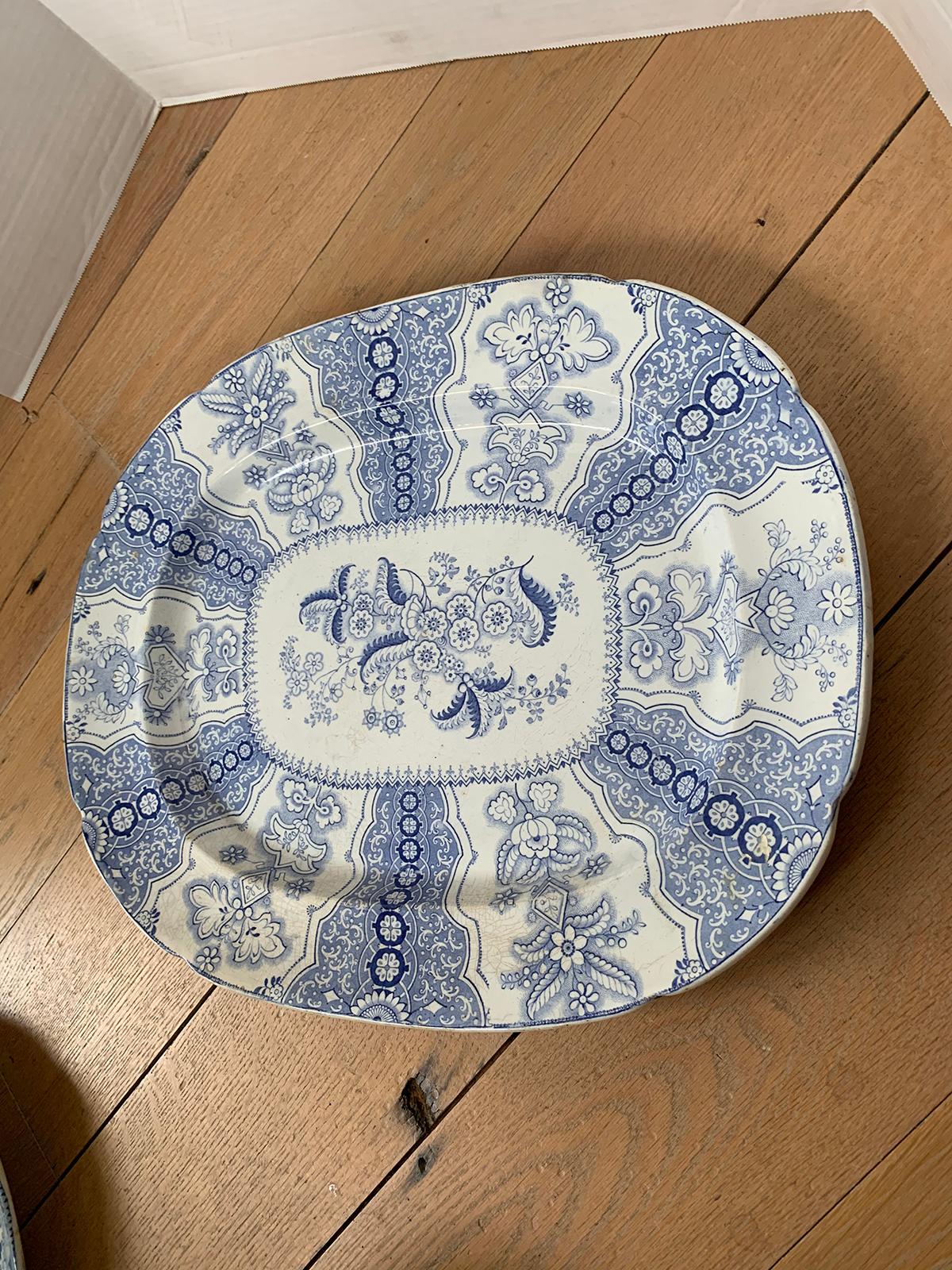 19th Century Staffordshire Transfer Granite Ware Blue and White Poonah J Charger In Good Condition In Atlanta, GA