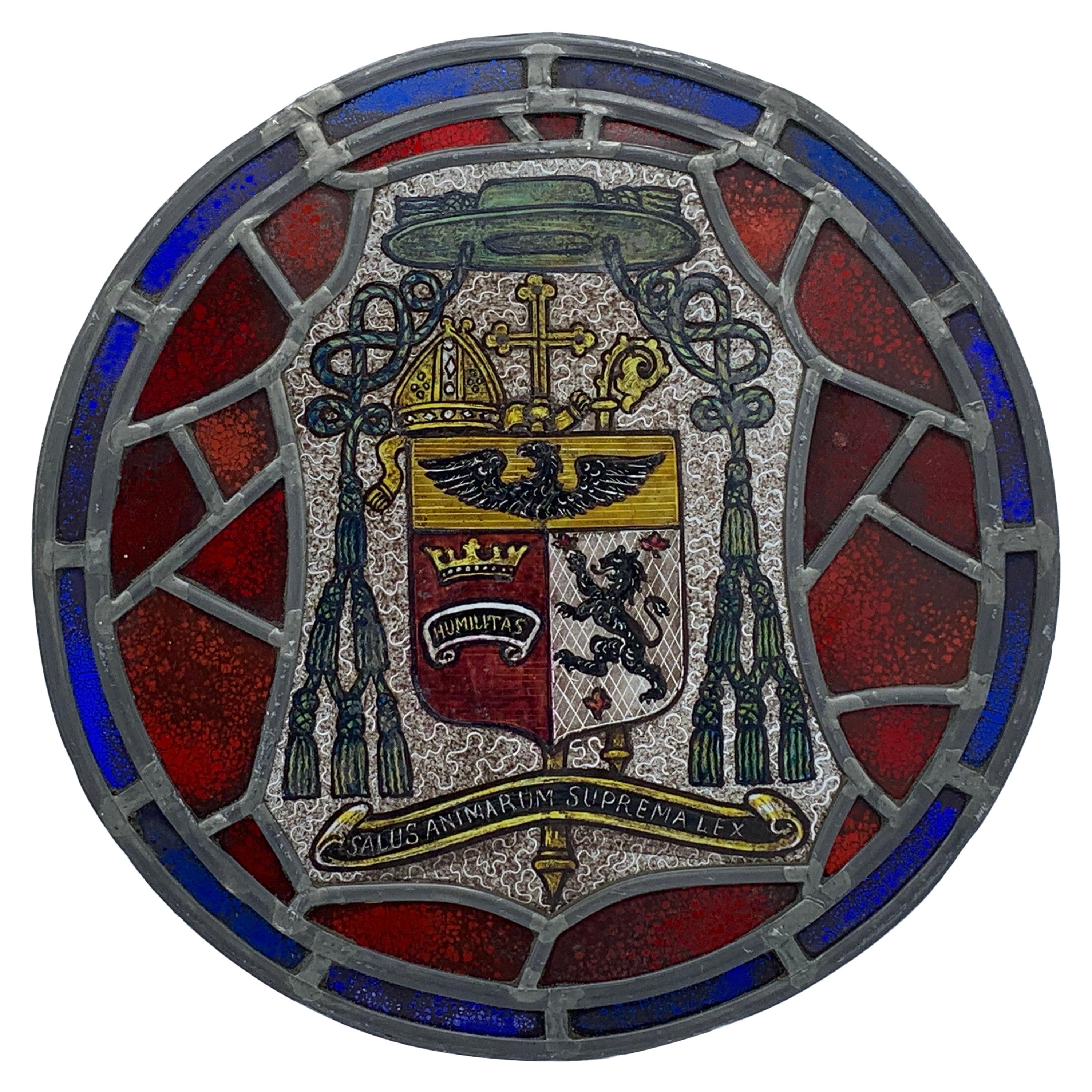 19th Century Stained Glass and Lead "Salus Animarum Suprema Lex" Crest Window For Sale
