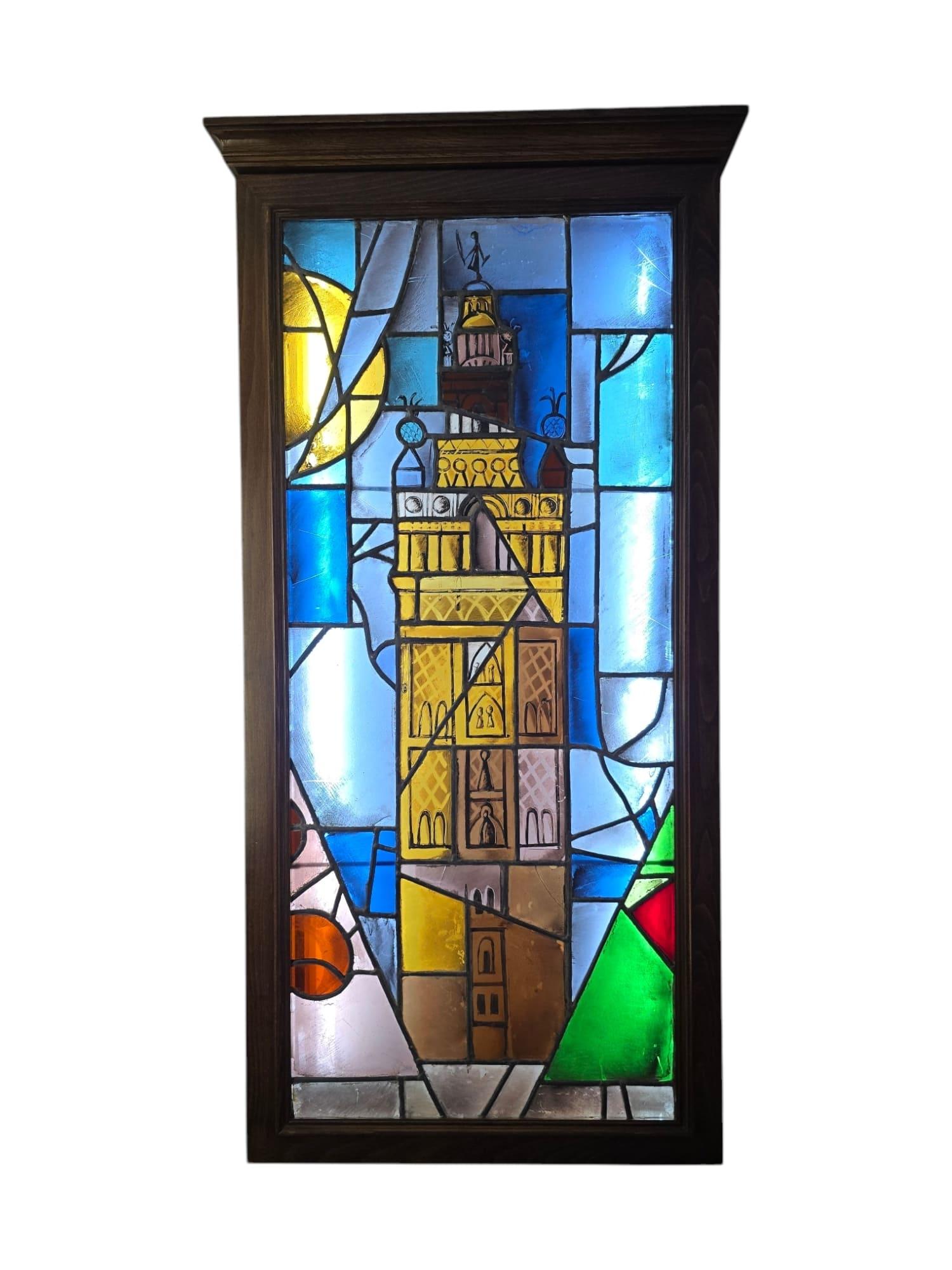 Vidriera del siglo XIX que representa La Giralda, Sevilla Vidrio artístico en venta