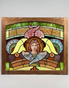 19th Century Stained Glass Window with Painted Angel Portrait in Original Frame