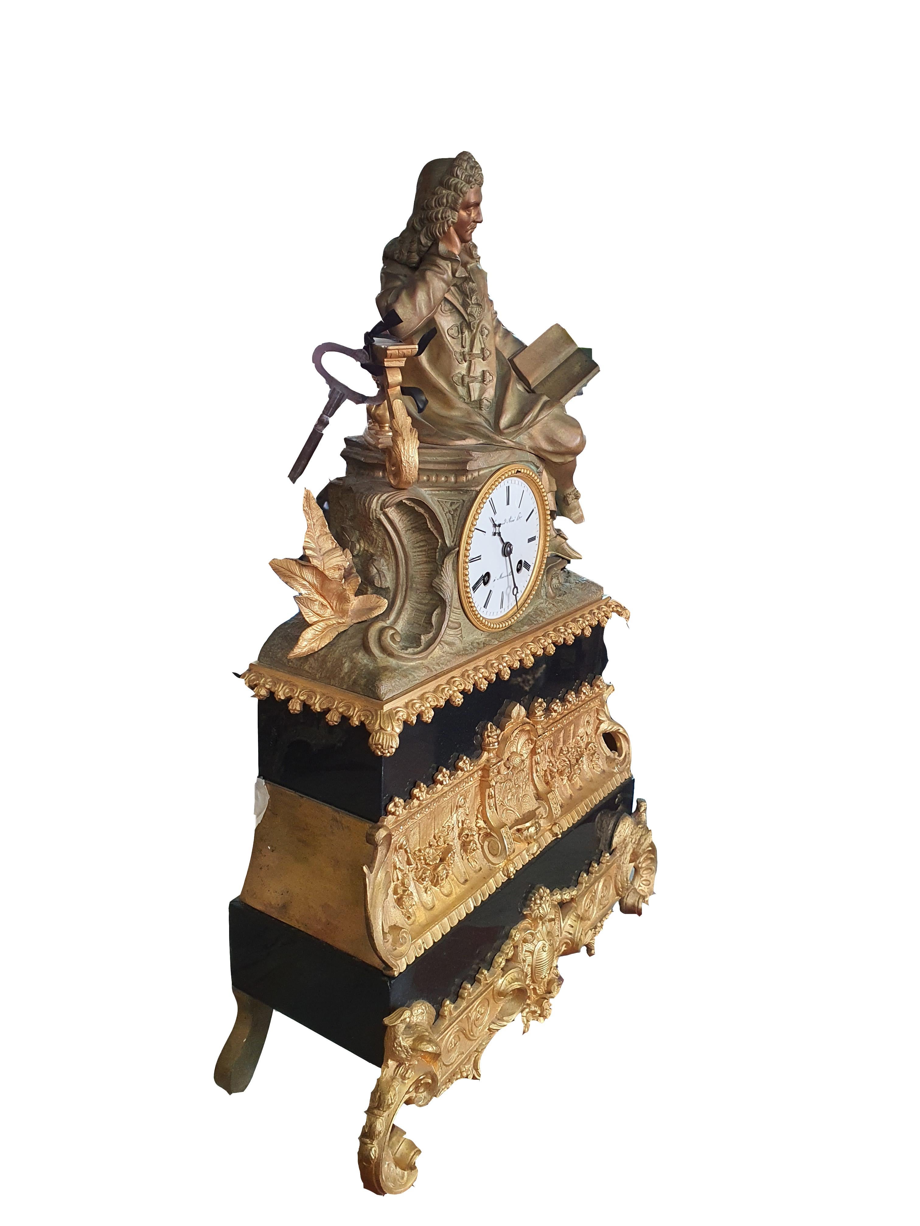 French 19th Century Standing Pendulum Clock in Gilted and Patinated Bronze For Sale