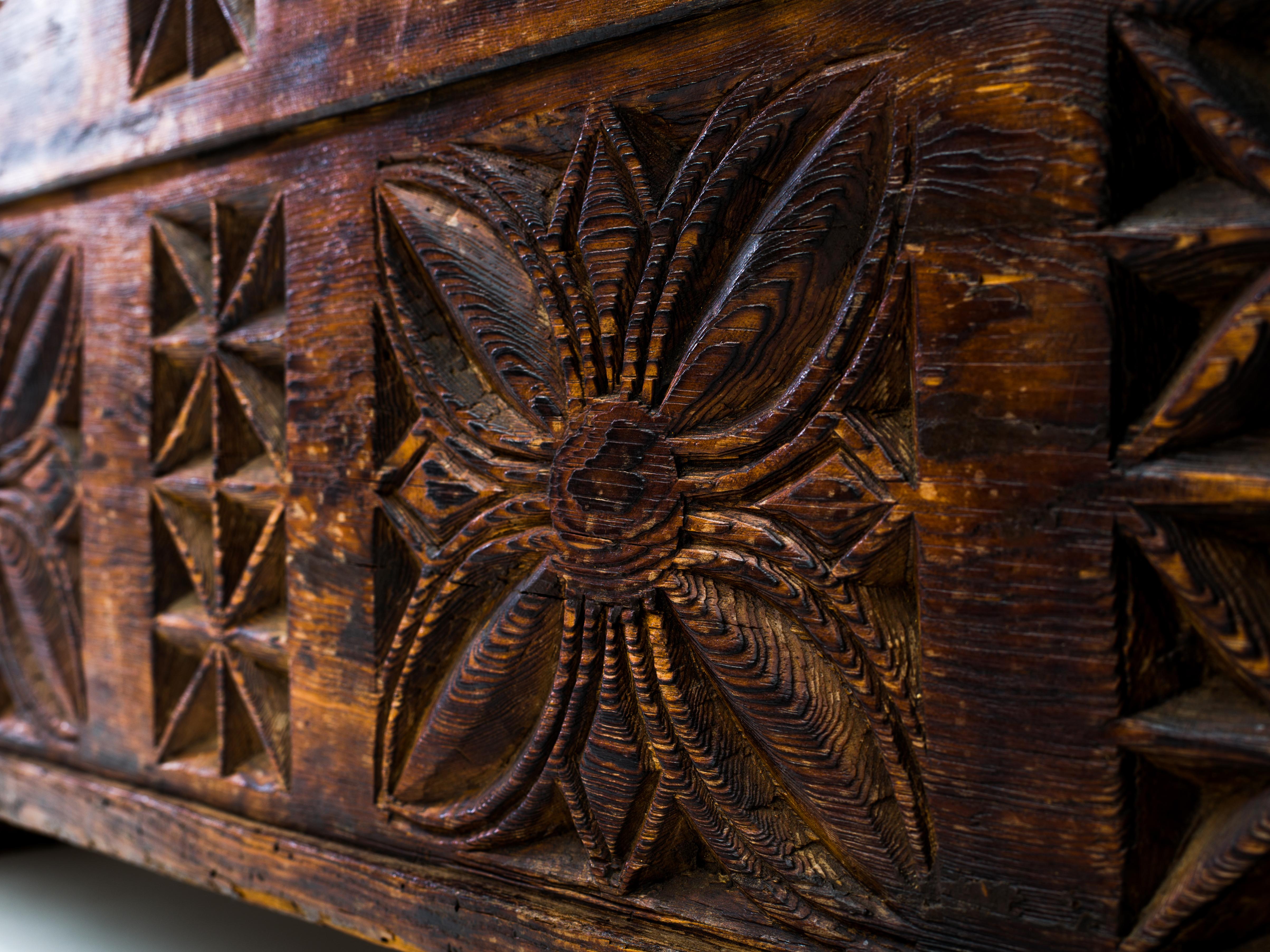 Antique 'Star Anise' Hand Carved Dowry Textile Chest, Nuristan, Afghanistan 1