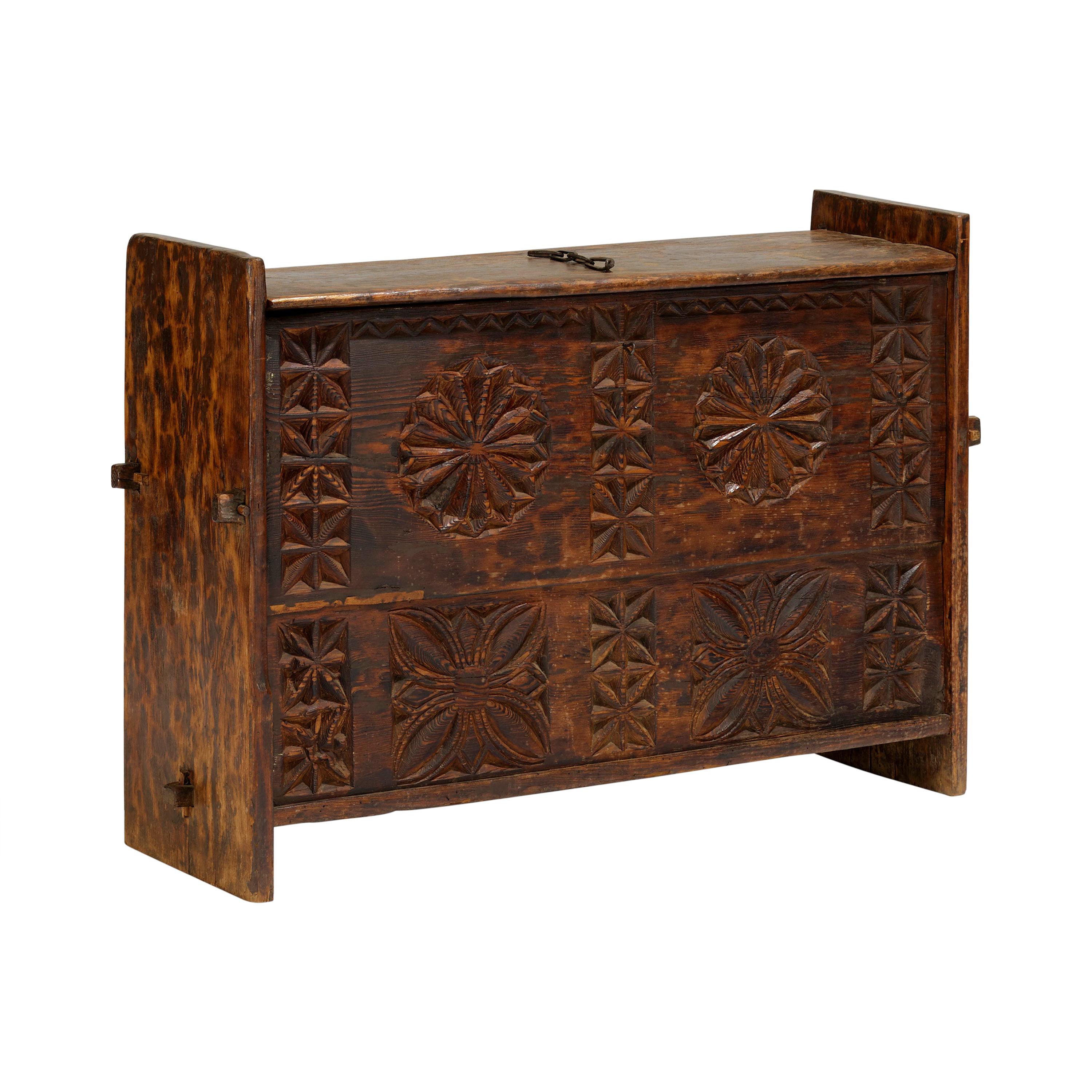 Antique 'Star Anise' Hand Carved Dowry Textile Chest, Nuristan, Afghanistan