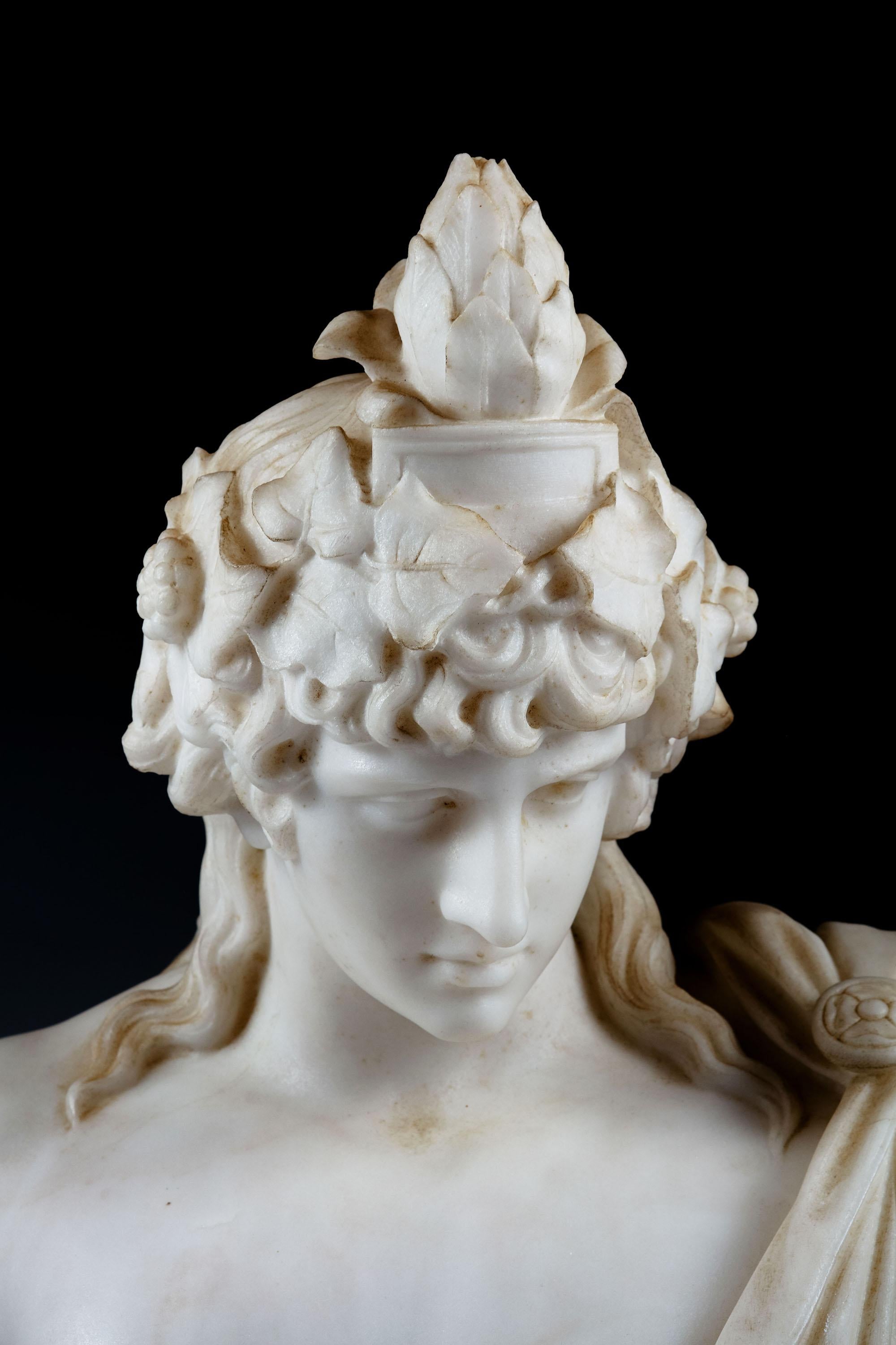 19th century statuary marble bust of the Braschi Antinous as Dionysus, Signed Puge
19th century statuary marble bust of Antinous as Dionysus, Signed Verso Puge

After the original full-length statue in Pio-Clementine Vatican Museum, discovered in